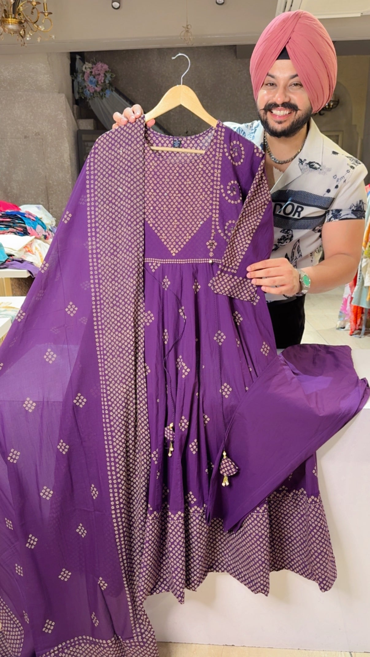 Purple Pure Cotton Bandhej Print Semi Formal Anarkali Suit with Sleek Hand embroidery Work on neck