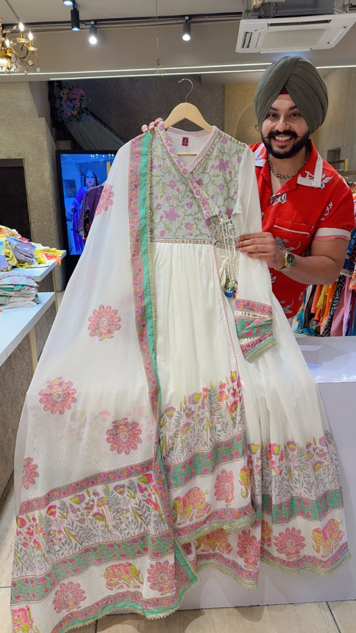 Moon White Mal Cotton Angrakha overlap slit Embroidered Full Flair Anarkali Gown With Beautiful Duppata