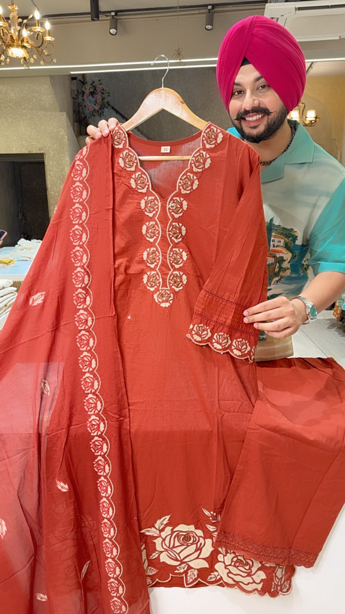 Rust Colour Pure cotton Embroidered Semi formal Suit with Hand painted Duppata