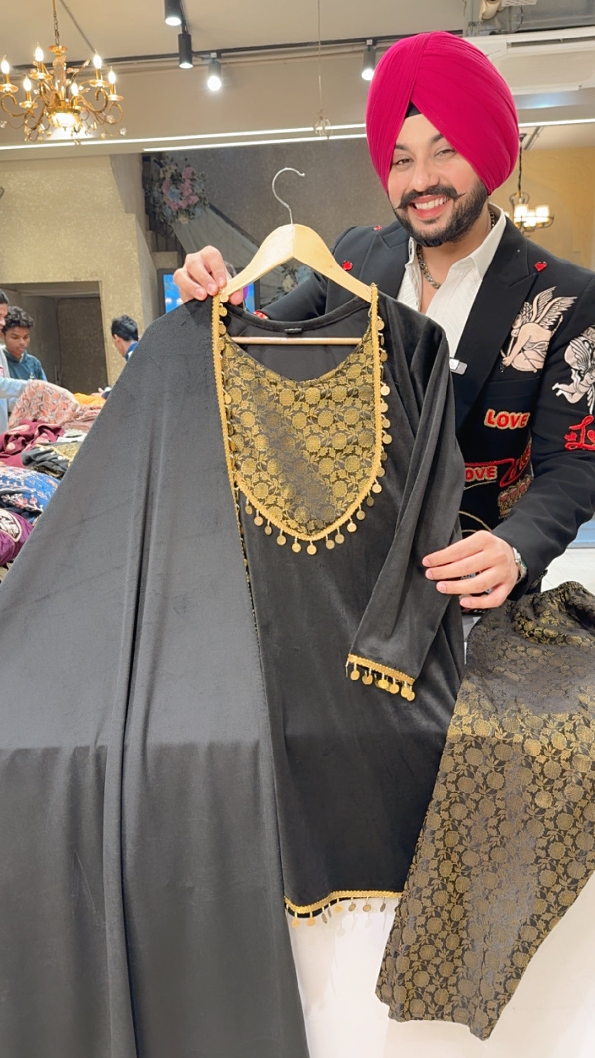 Black Velvet & Brocade Strechable Designer Indowestern Suit