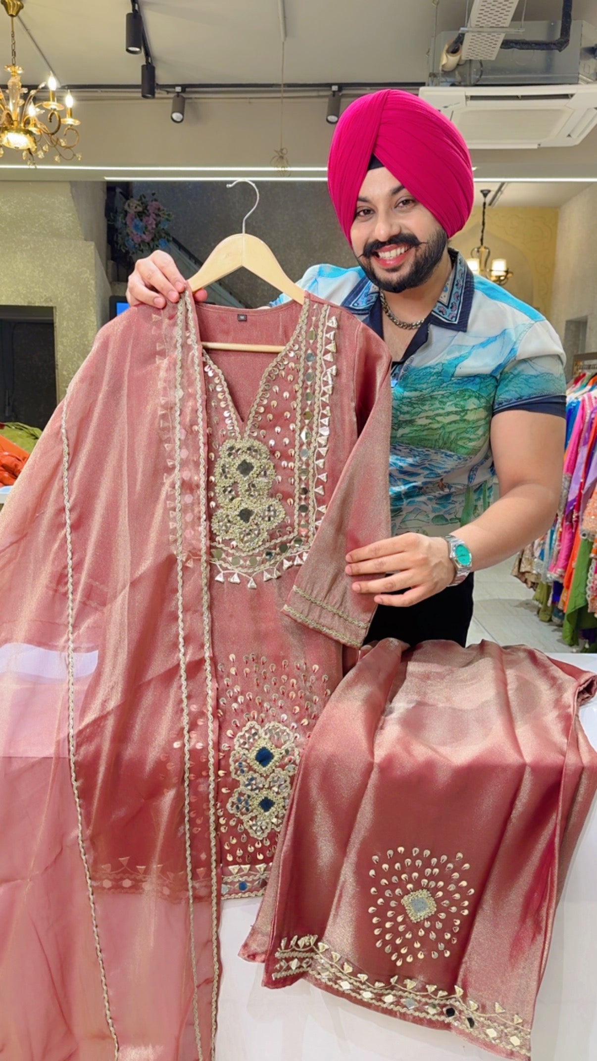 Onion Colour Shimmer Organza Heavy Gotta & Hand embroidered Party Wear Indowestern Suit