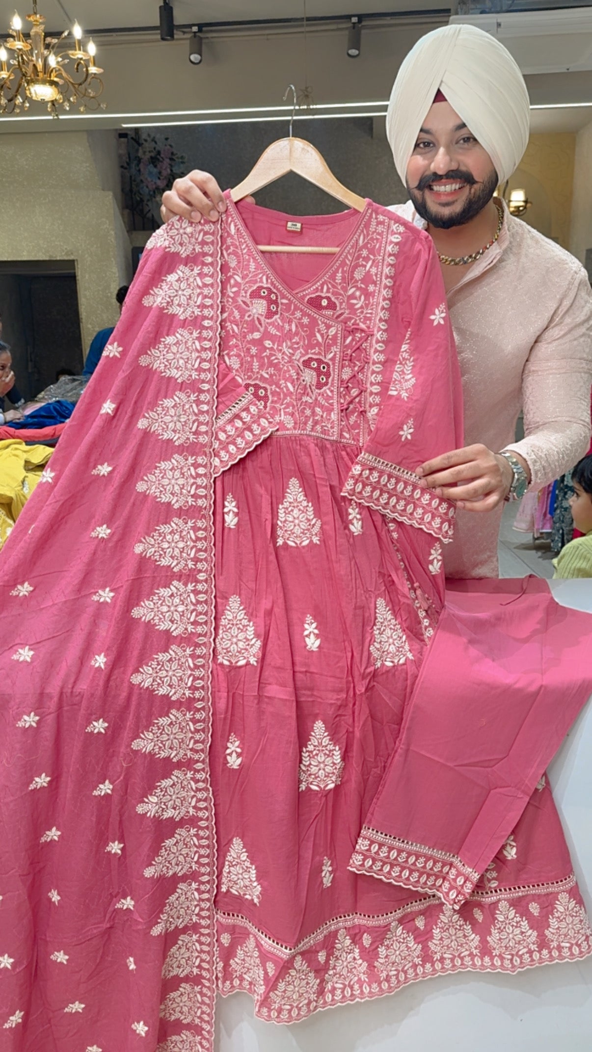 Pink Mal Cotton Angrakha Front Gattering A-line Fully Embroidered Suit