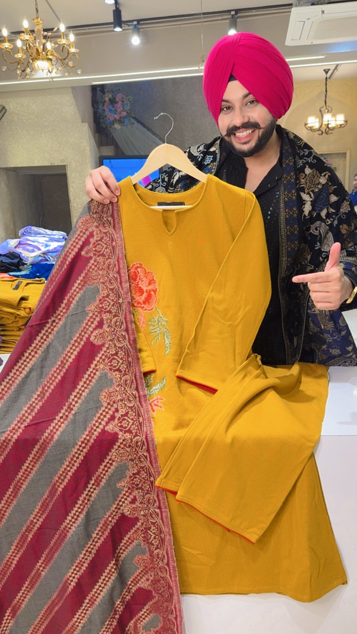 Mustard Woolen Embroidered Party Wear straight suit with With Banarasi look Woolen Stawl