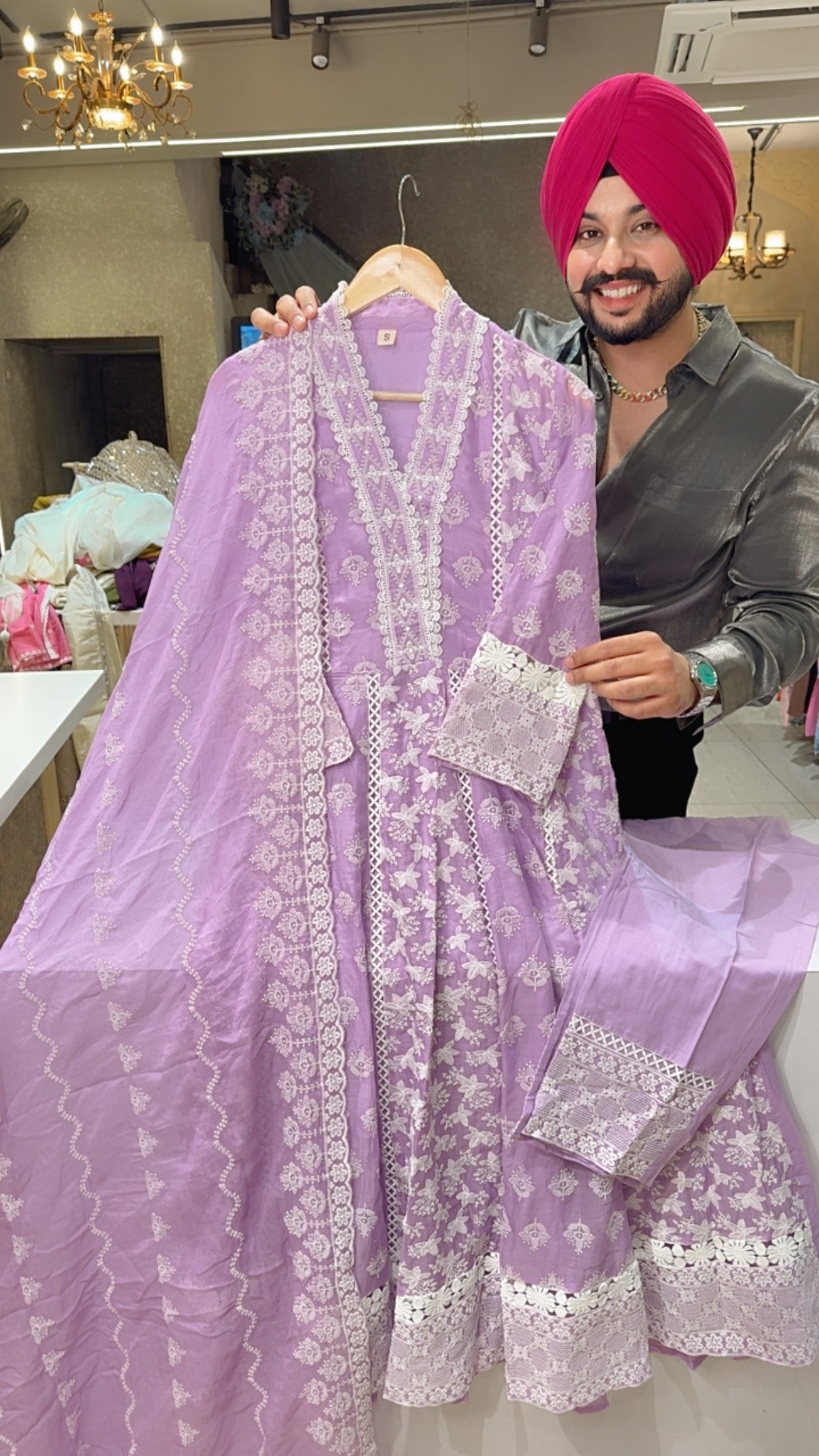 Lilac Mal Cotton Fully Embroidered Anarkali Suut with Embroidered Mal Cotton Duppata