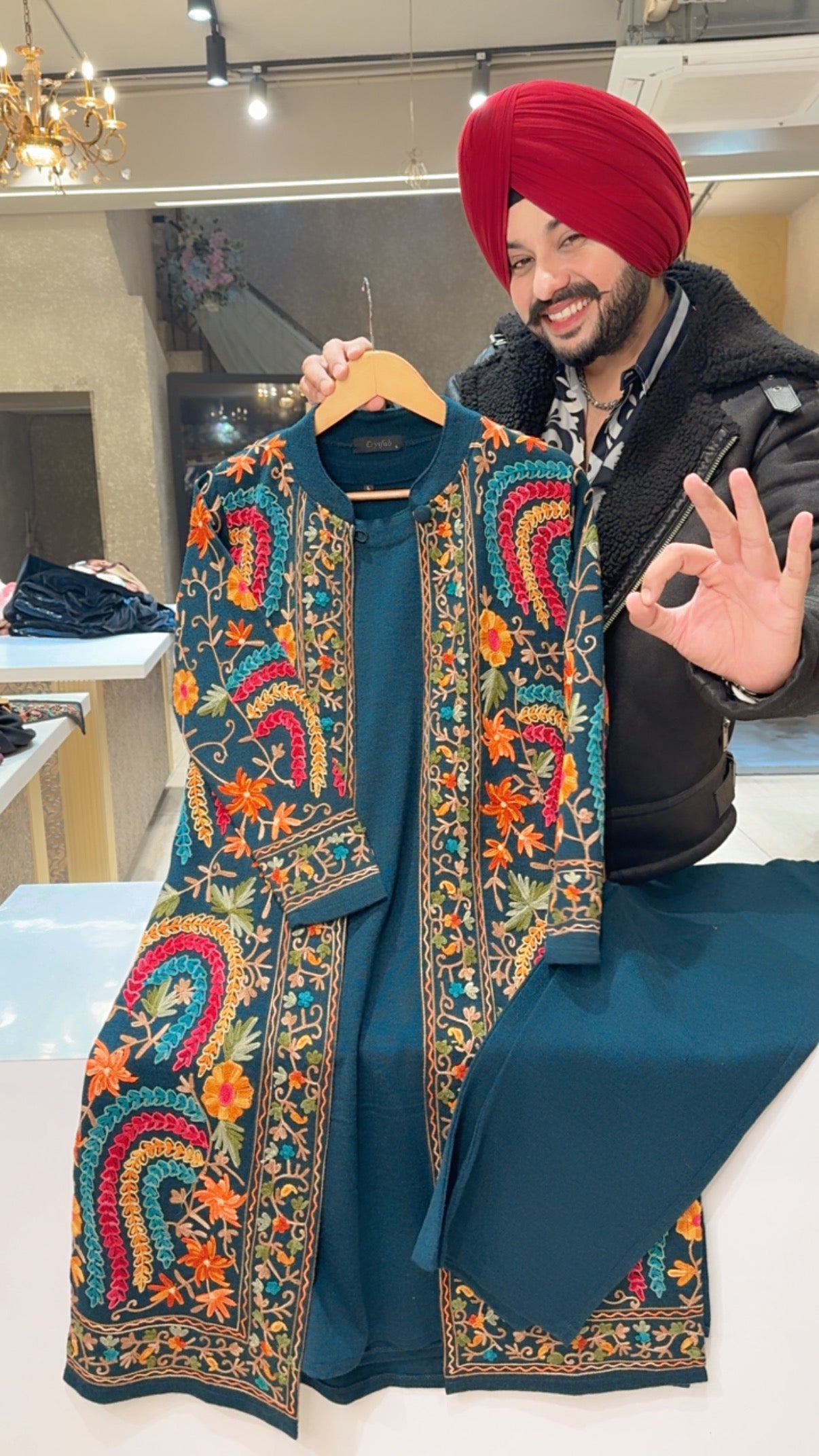 Peacock Woolen Long length Coord set With Heavy Kashmiri Embroidered Shrug