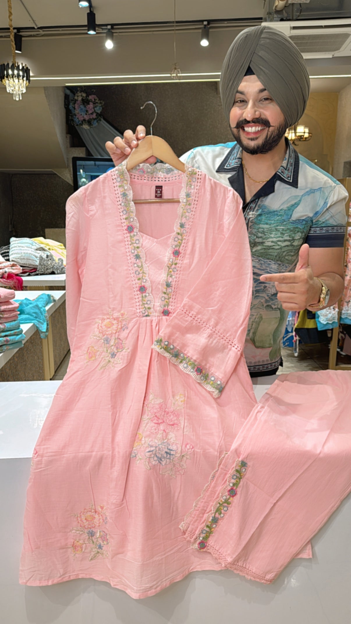 Light pink Mal Cotton Embroidered Coord set with Side Slit pants