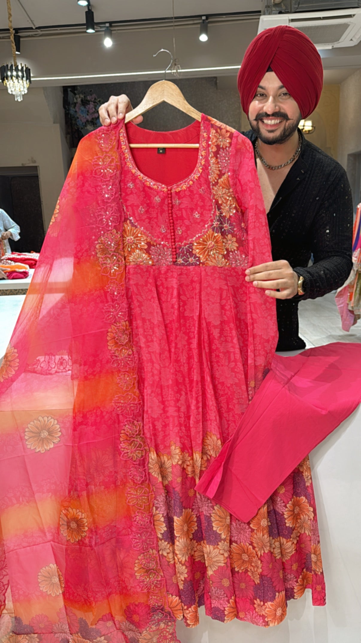 Hot Pink Soft Chiffon Full Flair Floral Print Embroidered Anarkali Suit with Beautiful Organza Duppata