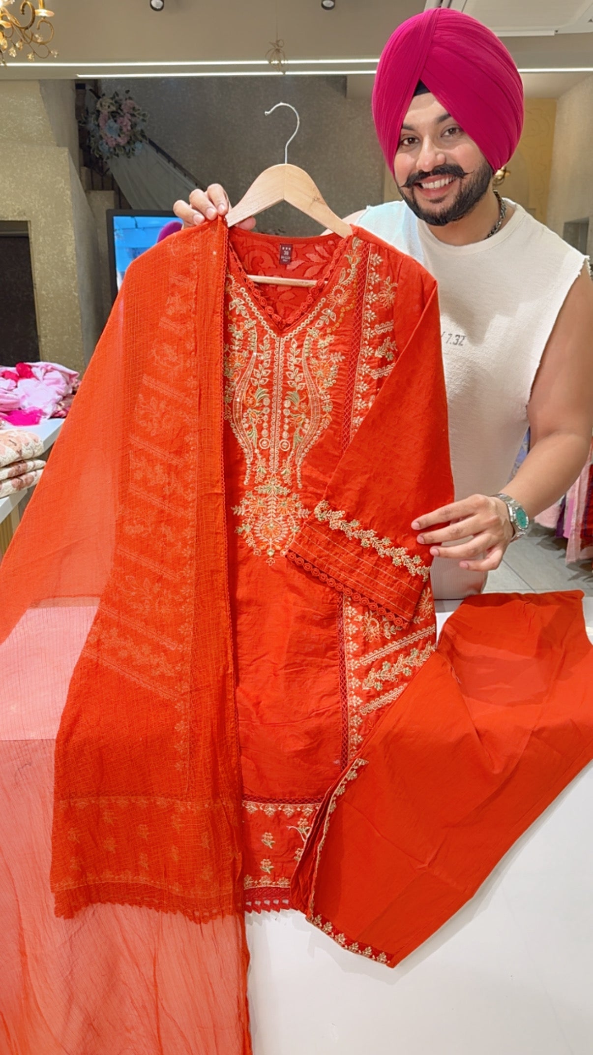 Rusty Orange Jaquard Silk heavy Embroidered Kashmiri Suit with Stylish Side Slit pants