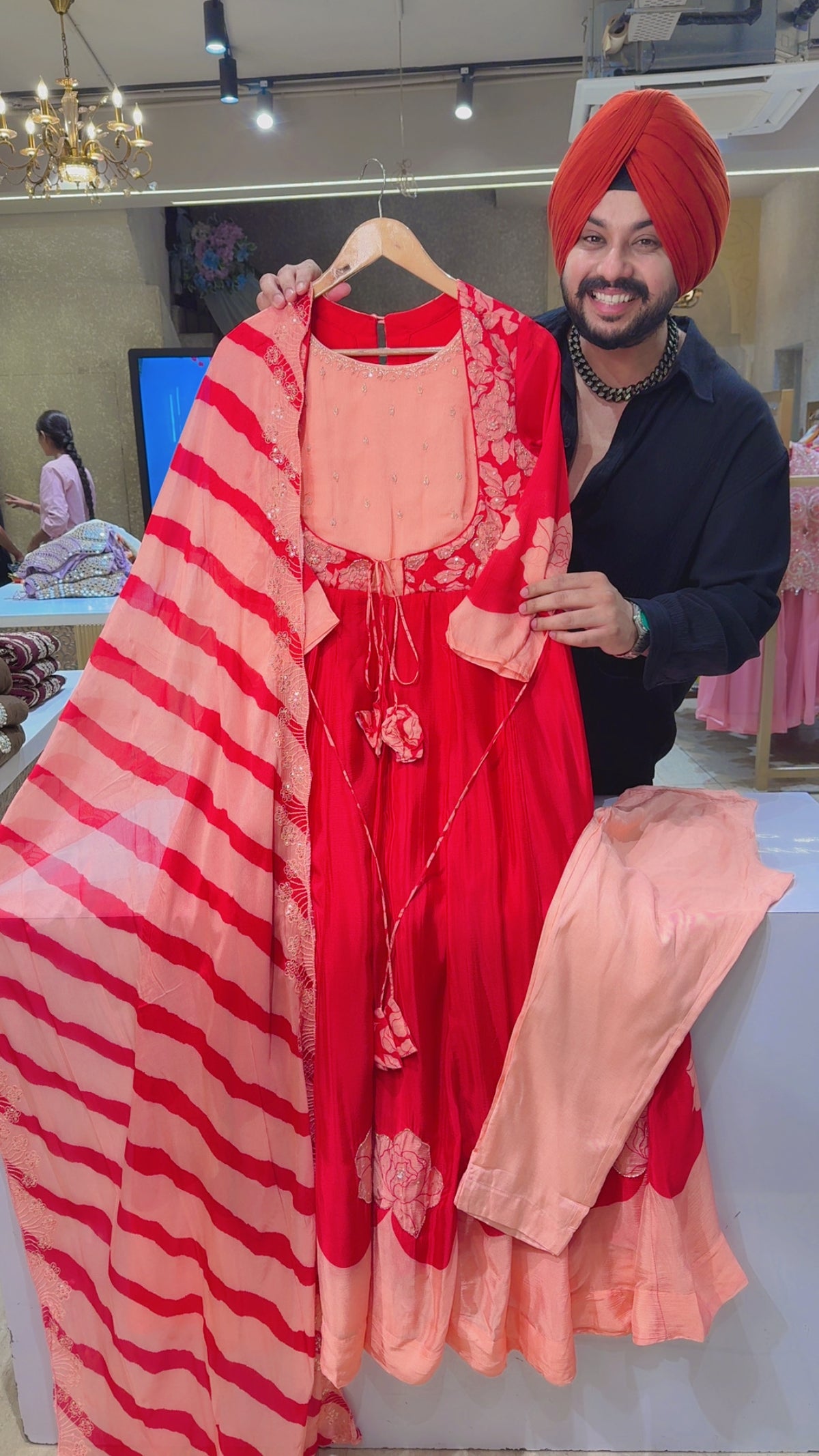 Tomato Red Chinon Hand embroidered Party Wear Anarkali Suit With Lehriya Duppata
