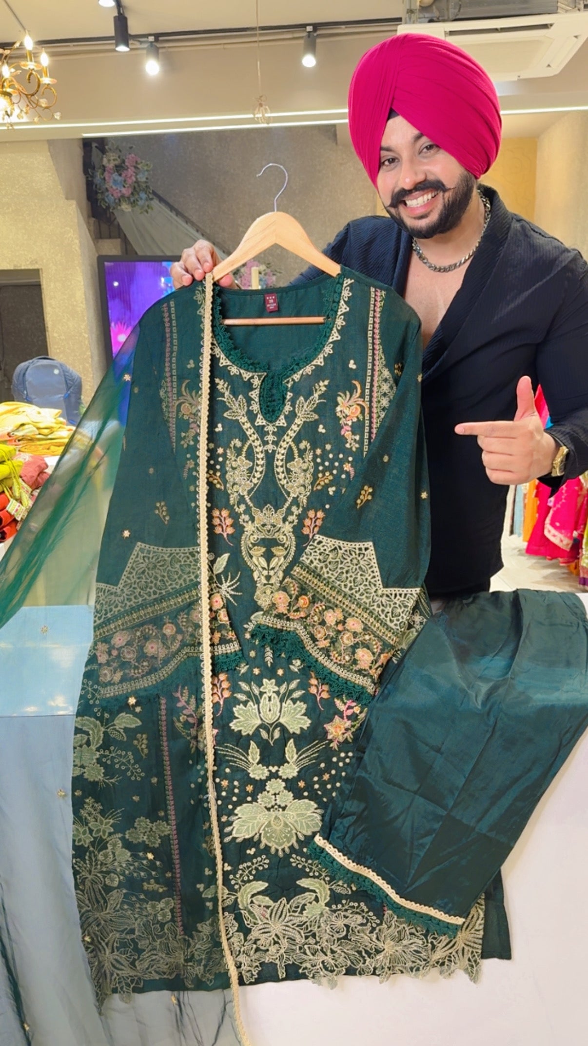 Dark green Raw Shimmer Silk Fully Embroidered Kashmiri Suit with Beautiful Organza Duppata