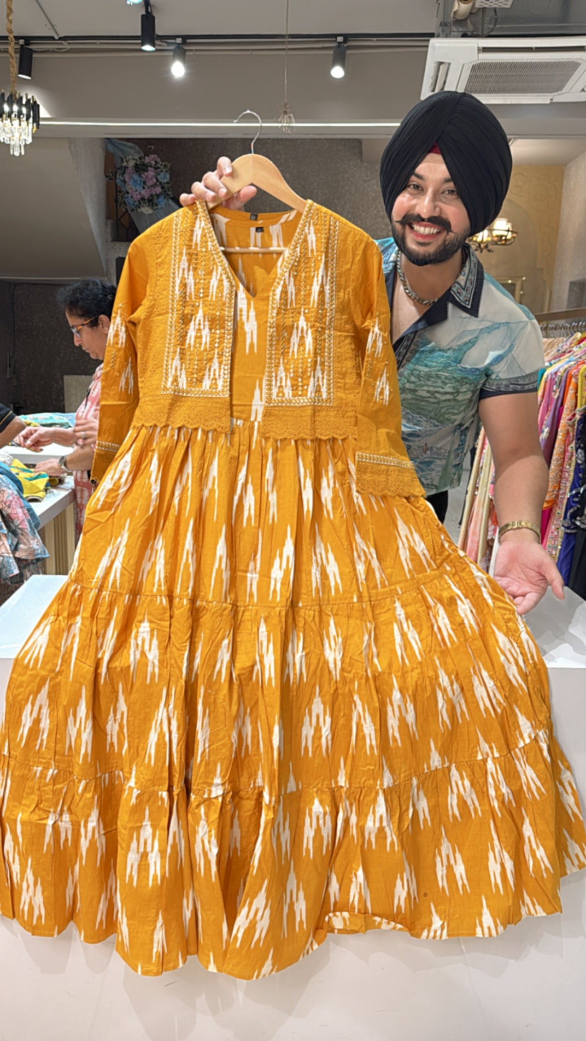 Mustard yellow Pure Cotton Indo Western Dress with embroidered Short Jacket