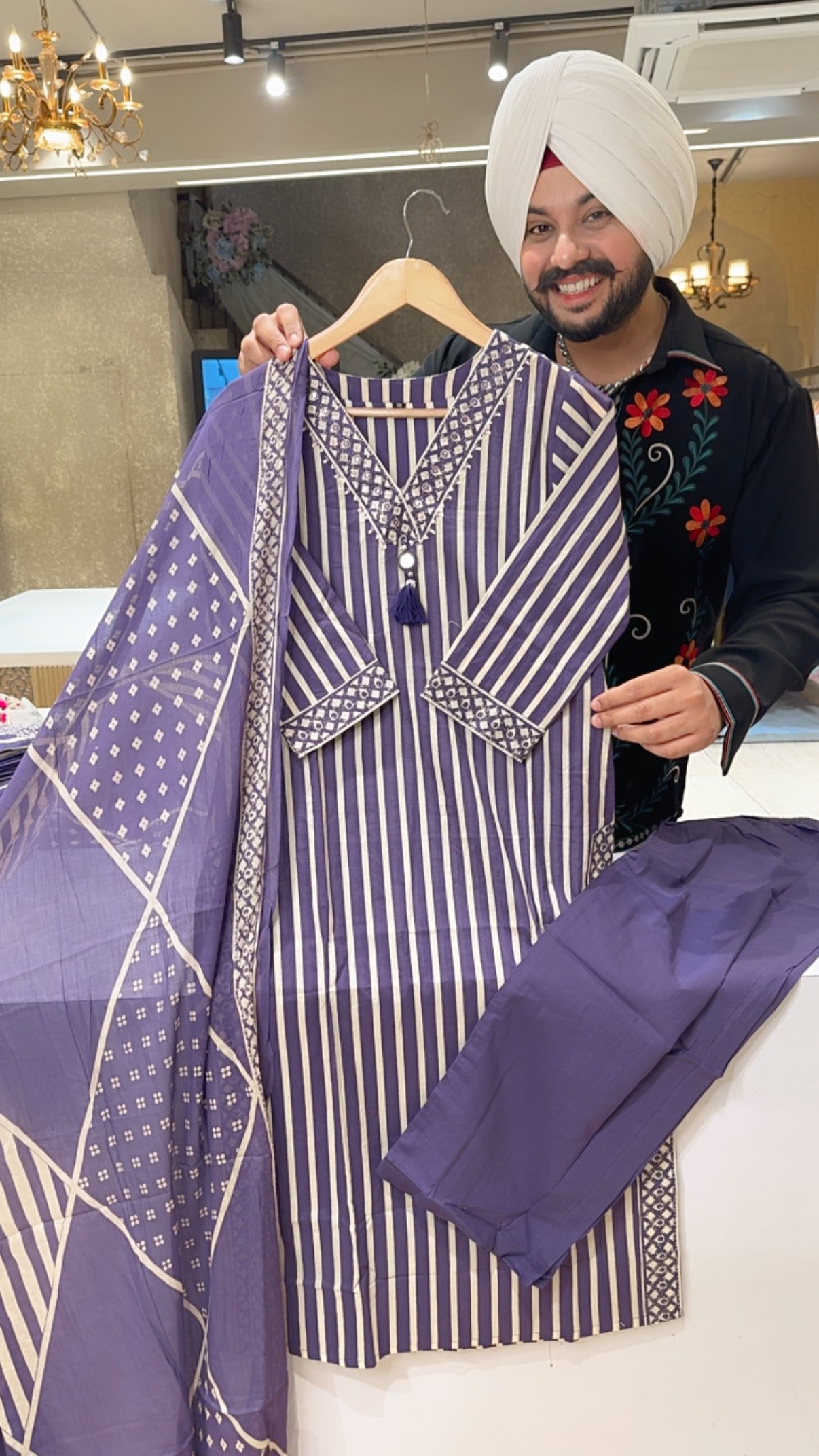 Purple Cotton Stripped Office Wear straight Suit with Sleek Hand work on neck