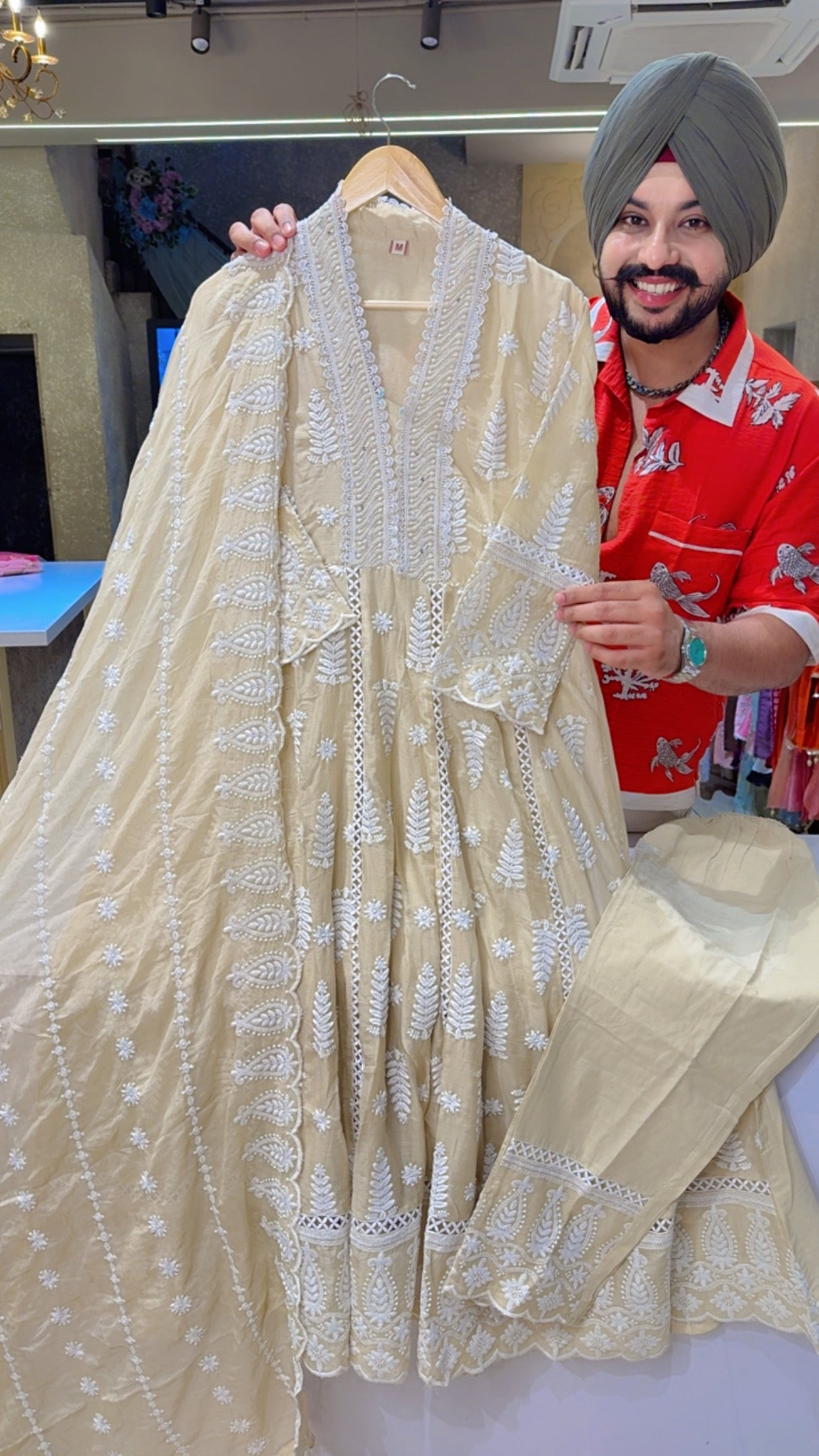 English Beige Mal Cotton Full Flair Fully Embroidered Anarkali Suit with Mal cotton Duppata