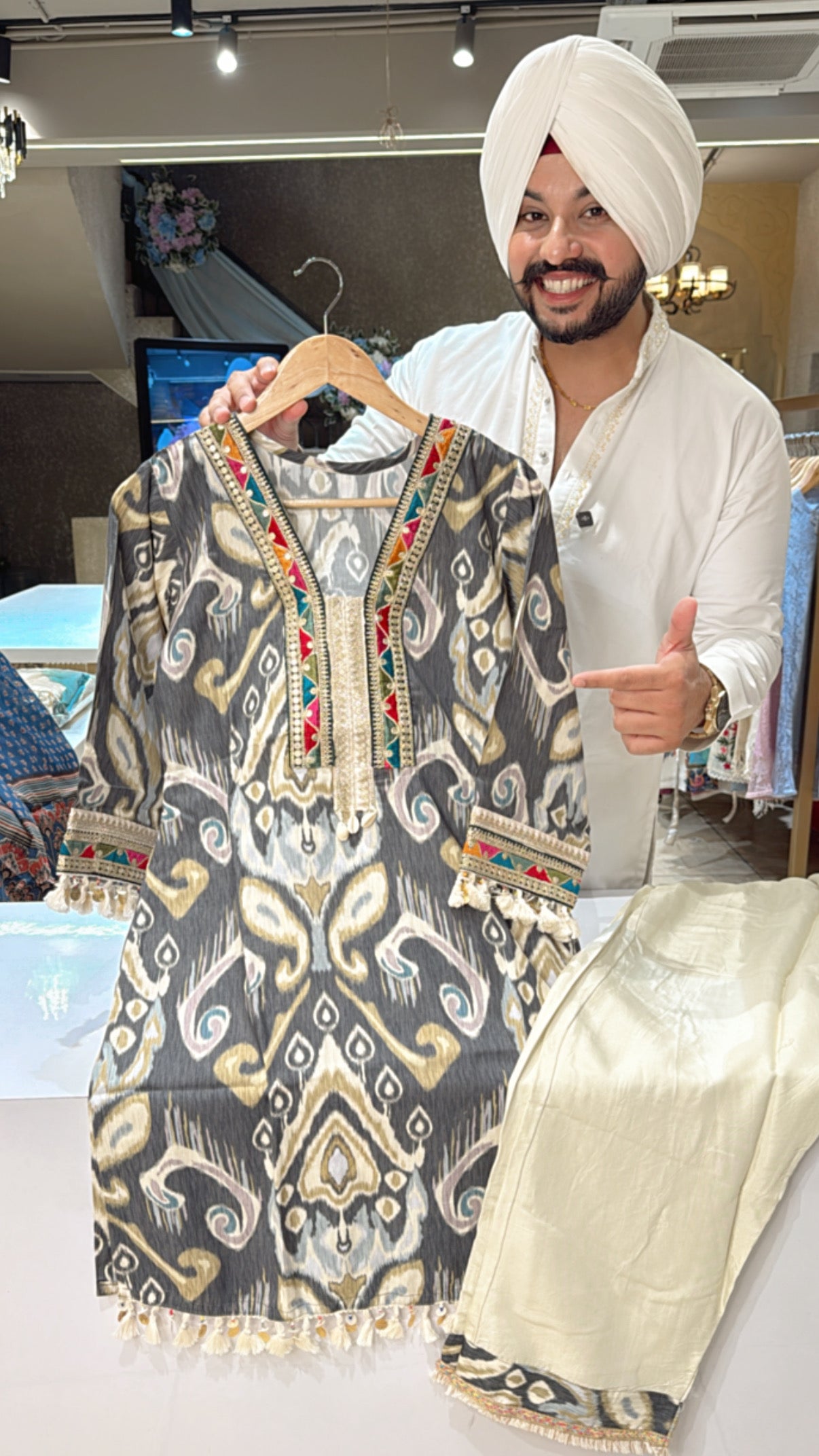 Grey & multicolored Imported Silk Semi Formal Coord set with Beautiful Embroidery patch work on neck & Sleeves