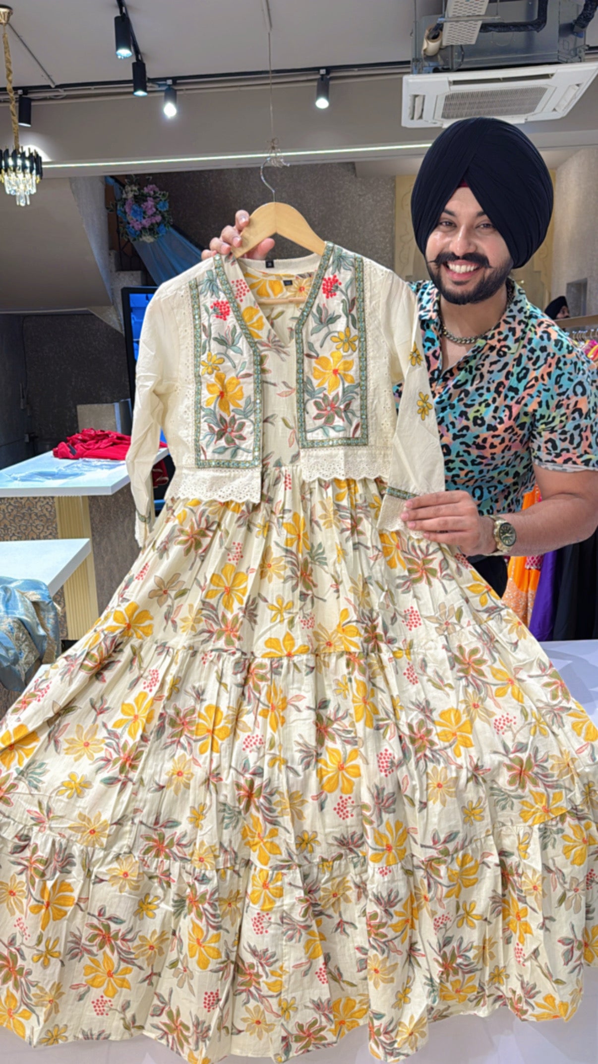 Off white & Yellow Pure Cotton Indo Western Dress with embroidered Short Jacket