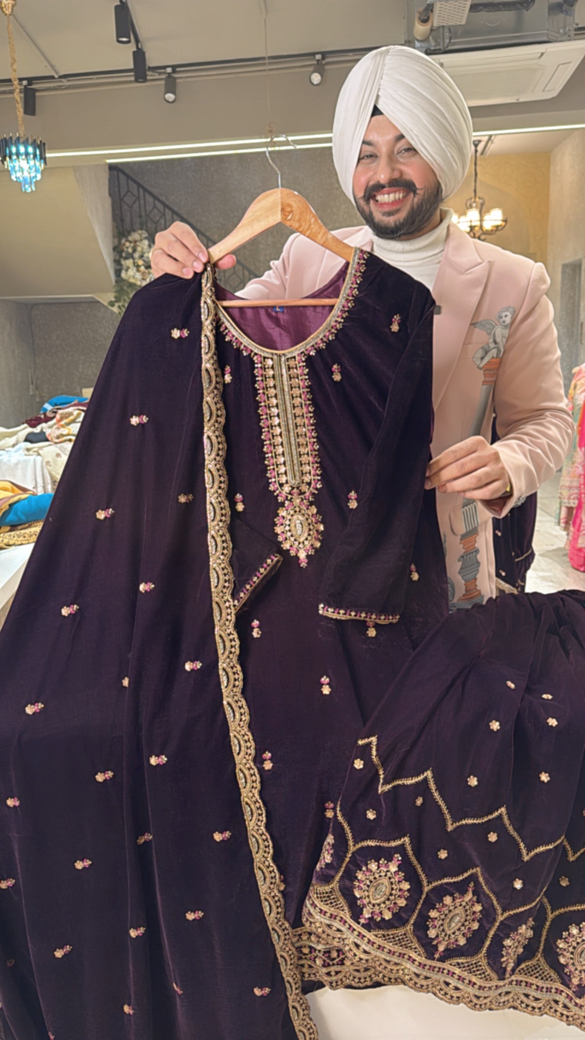 Wine premium Velvet Heavy Embroidered Sharara suit with Beautiful Duppata