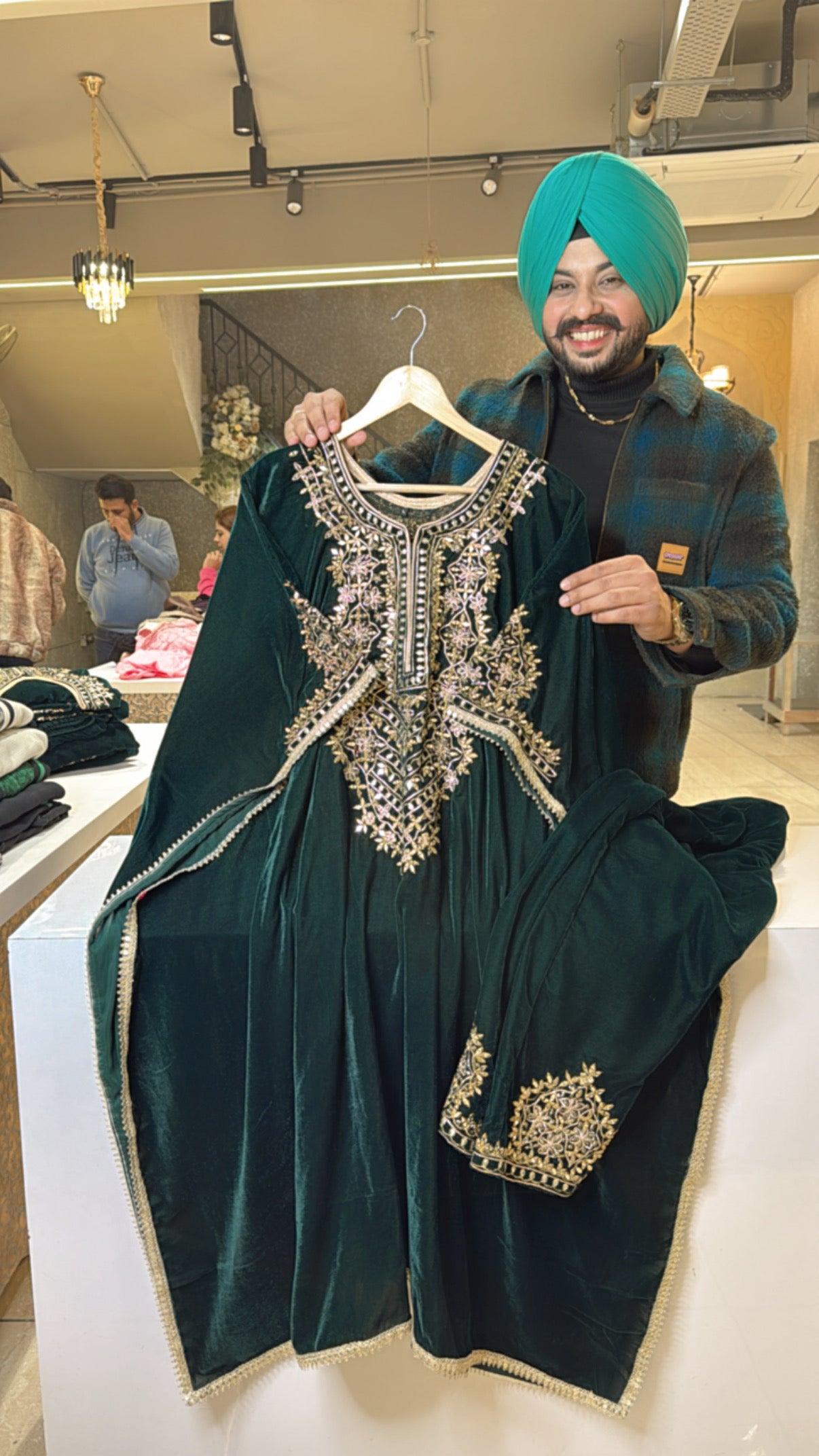 Bottle Green velvet Heavy Embroidered Kaftan set