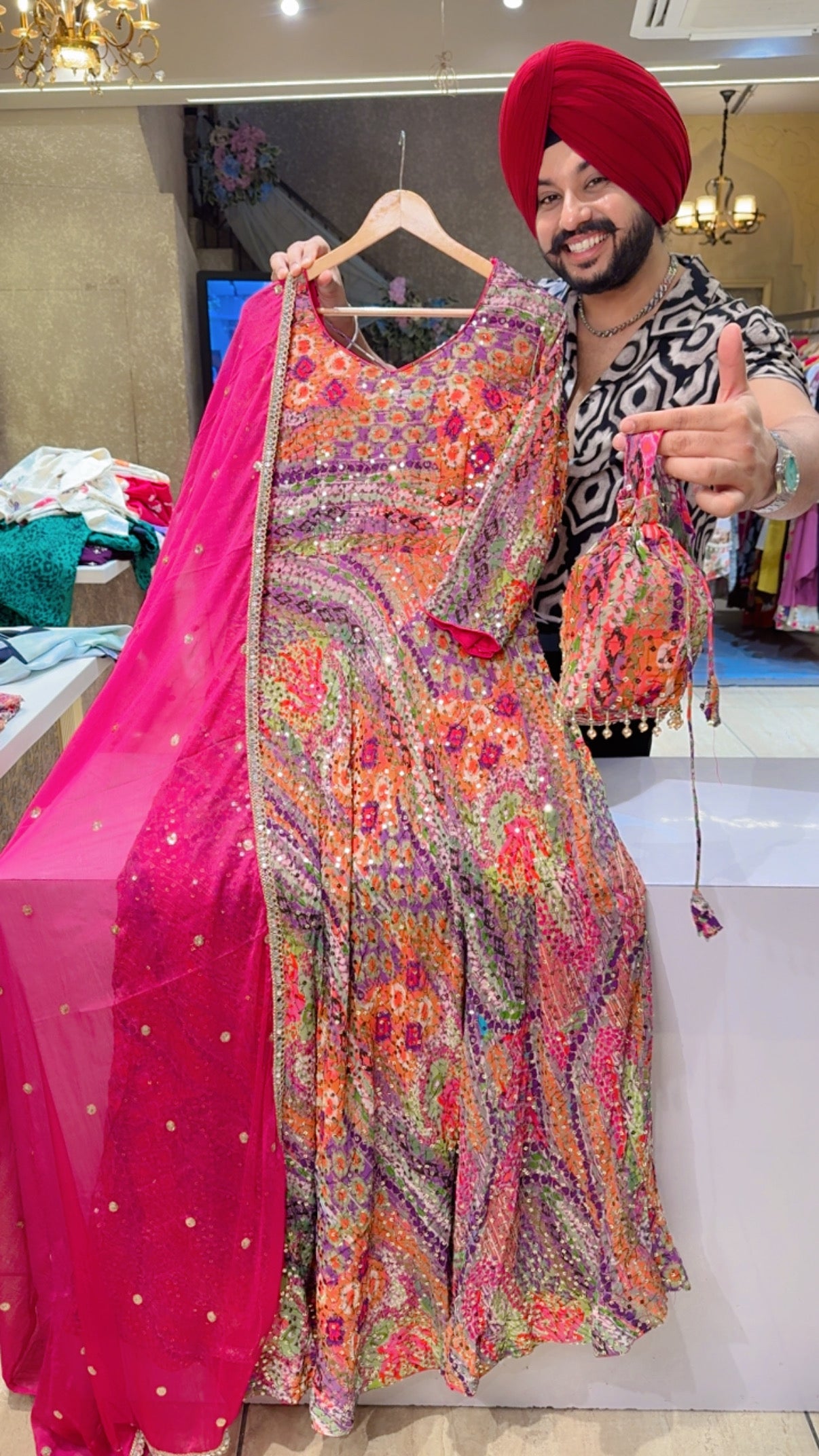 Hot Pink & Multicolored Georgette Fully Sequins Work Semi Backless Anarkali gown With Stylish Potli & Beautiful Duppata