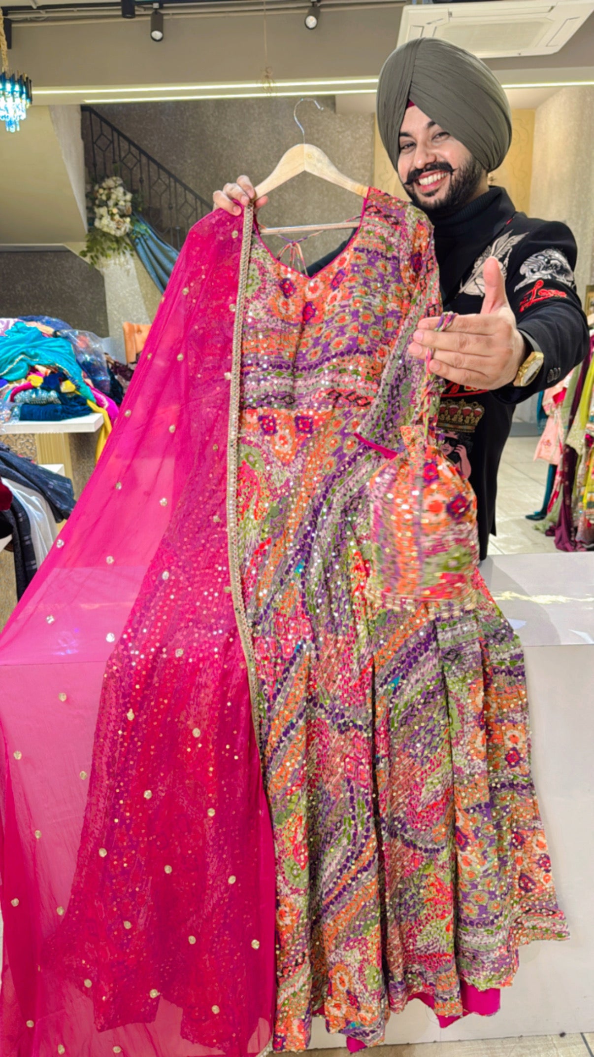 Pink & Multicolored Heavy sequins work Anarkali gown with Polti & beautiful Duppata