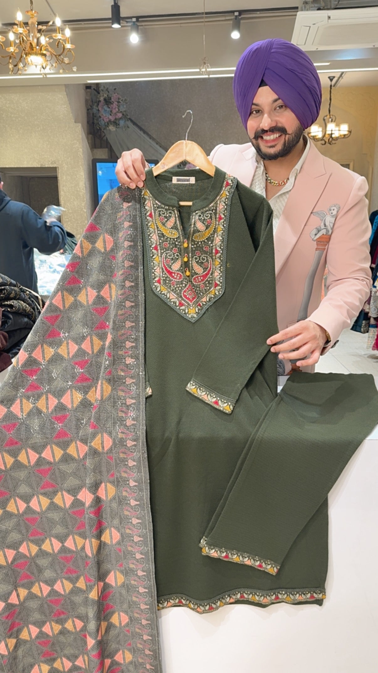 premium Woolen Embroidered Straight Suit with Floral Print Self Sequins Duppata