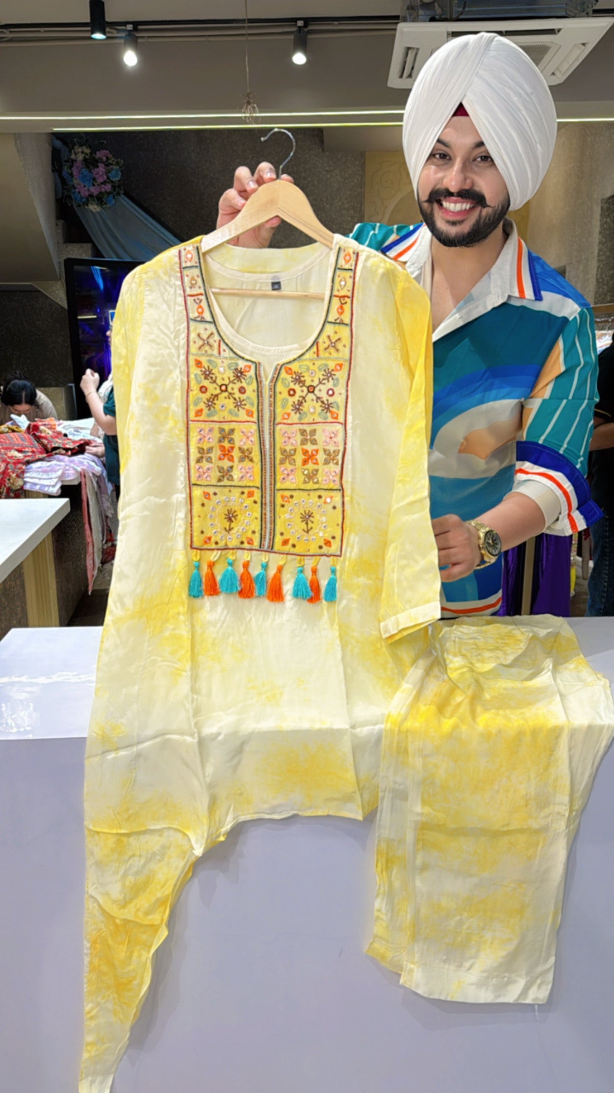 Off white & Yellow Premium Crepe Side Tail Cut Designer Coord set with Hand embroidery work on neck