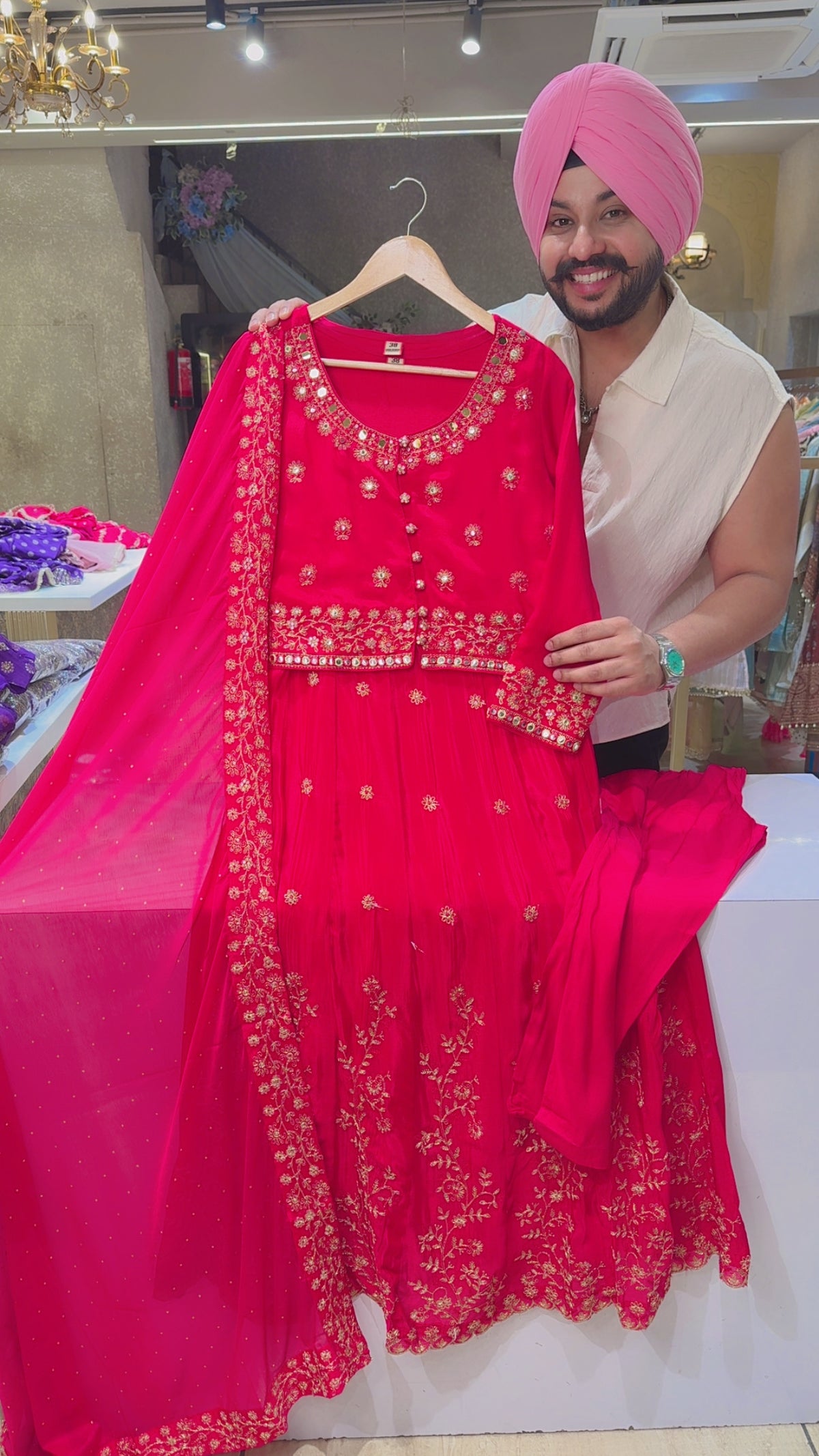 Gajri Pink Chinon Embroidered Full Flair Anarkali Suit with Stylish Jacket