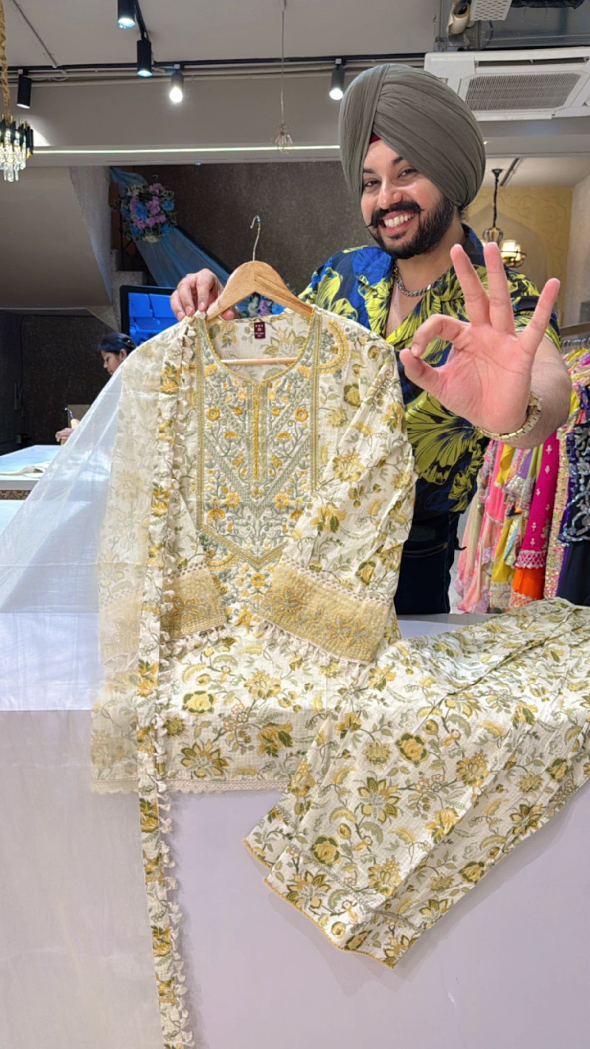 Off white & yellow Cotton Heavy Embroidered Farshi Salwar suit with Beautiful Organza Duppata