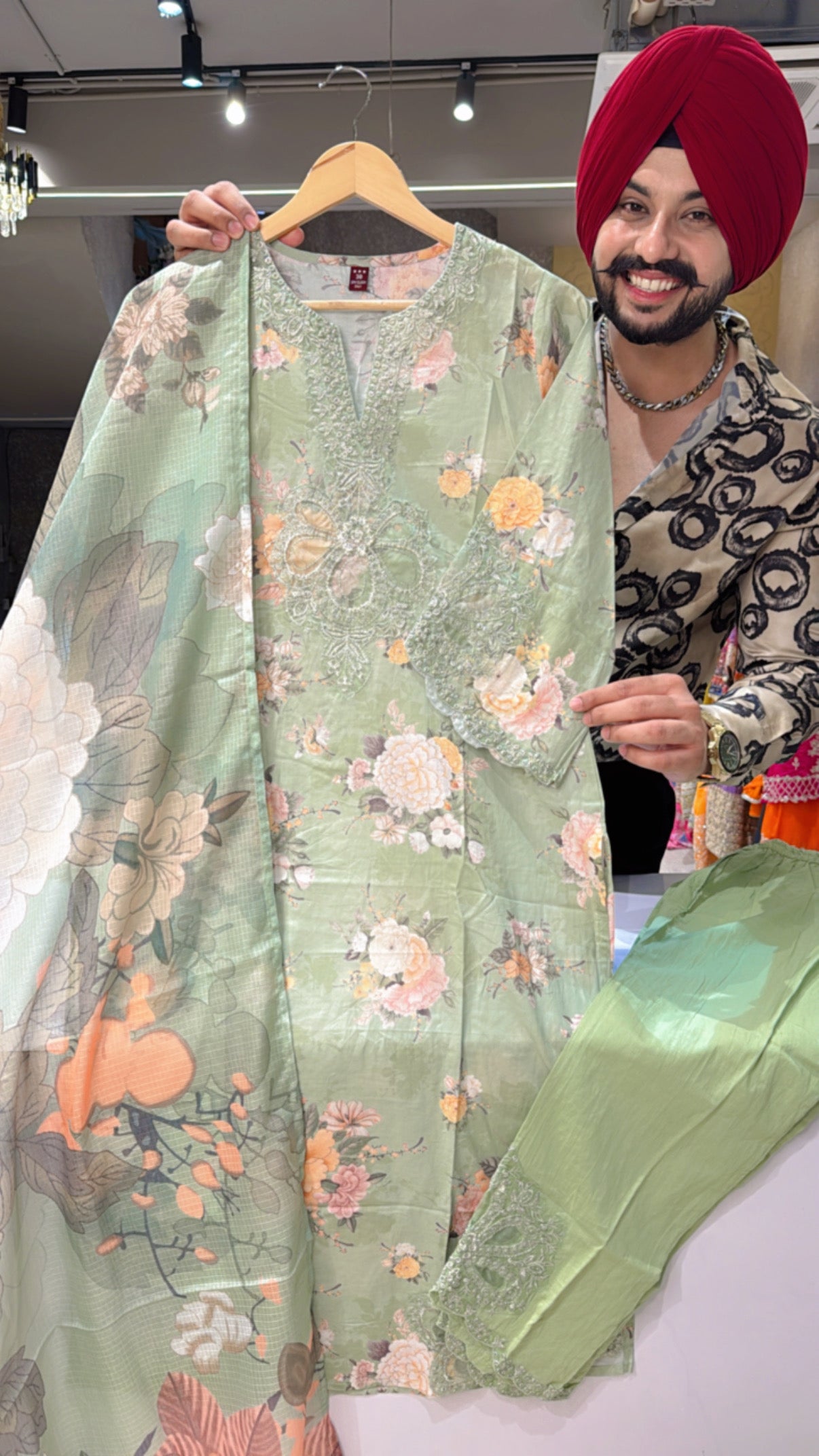 Light Olive Green Pure Cotton Floral Print Embroidered Kashmiri Suit with Designer Pants & Kota Doria Duppata