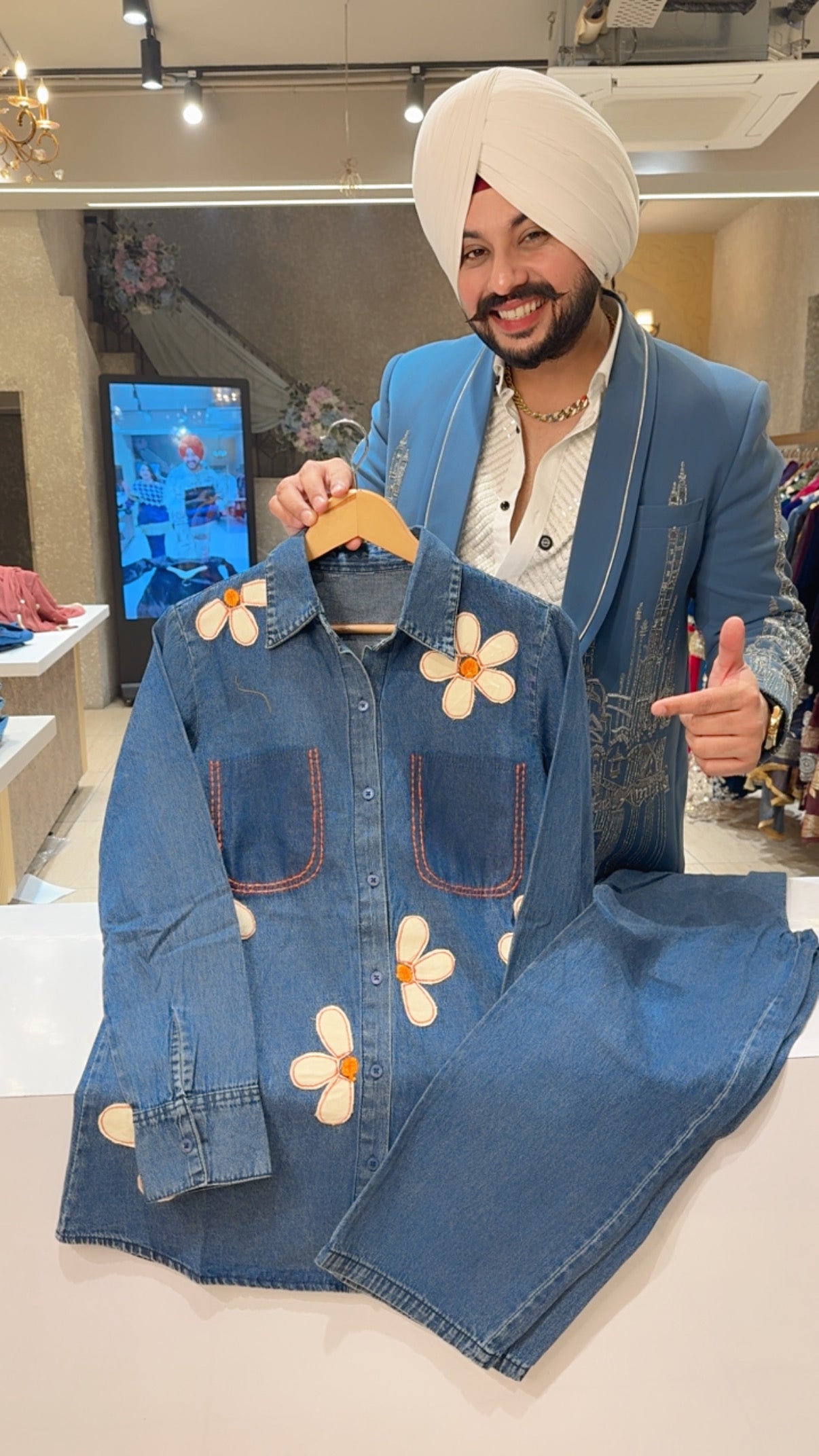 Dark Blue Soft Denim Designer Flower Patchwork Collar Neck Coord set with Denim Pants