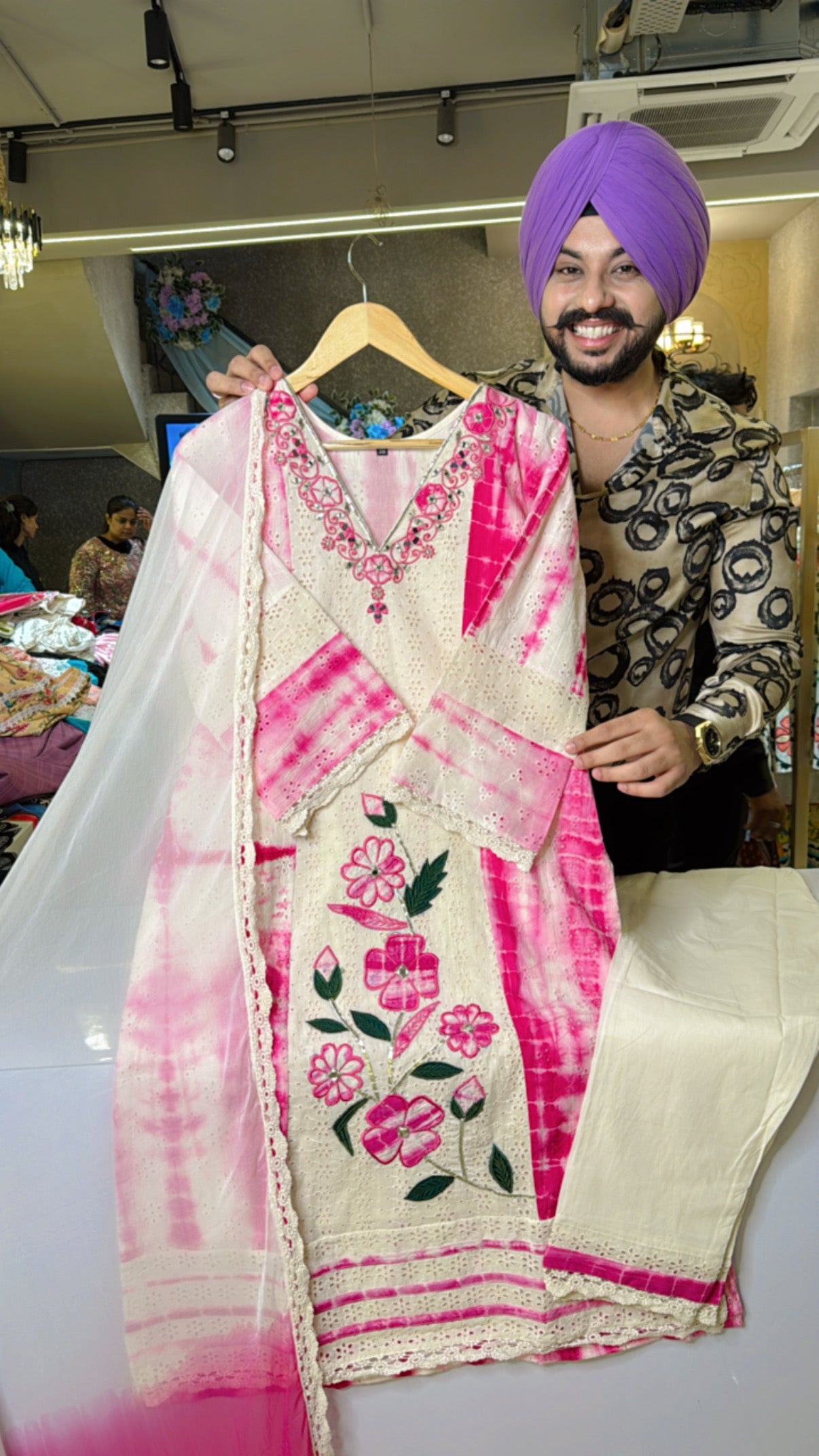 Rani & Off White pure Cotton Heavy Embroidered & Shifli work Tie & Dye Straight Suit with Beautiful Chiffon Duppata