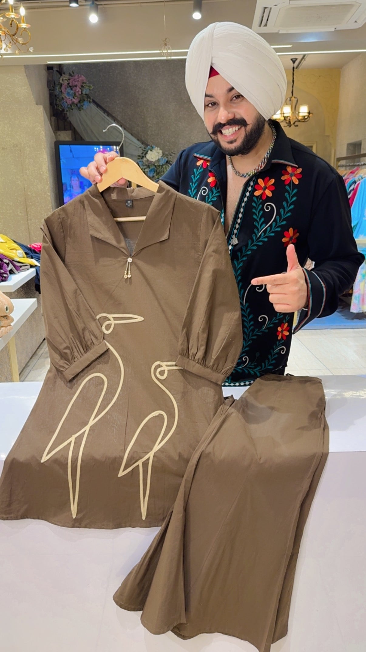 Dark Brown Soft Cotton Flamingo Patchwork Bell Bottom Coord set