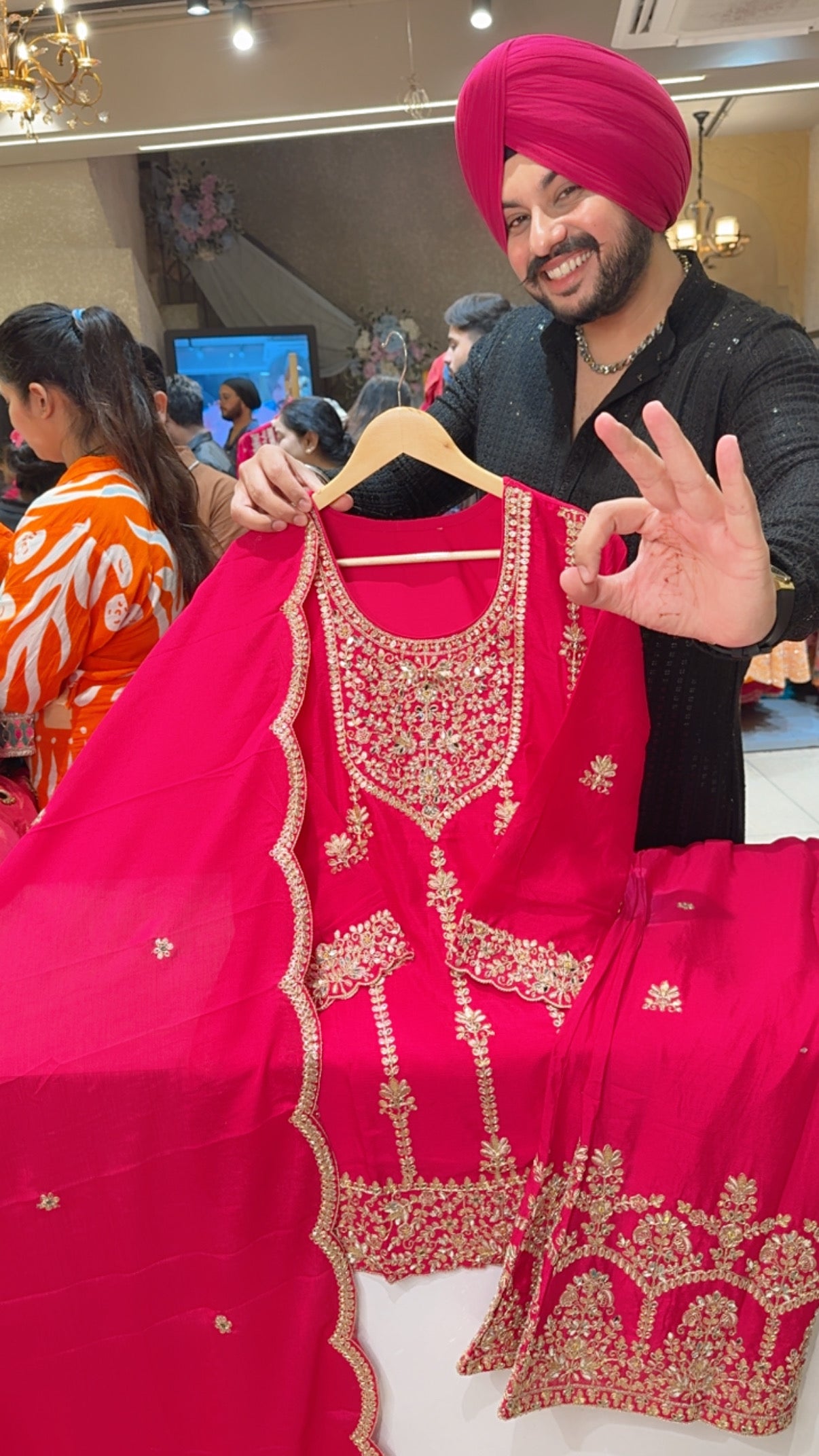 Rani Pink Chinon Heavy Embroidered & Mirror Pasting Bell Bottom Indowestern Suit