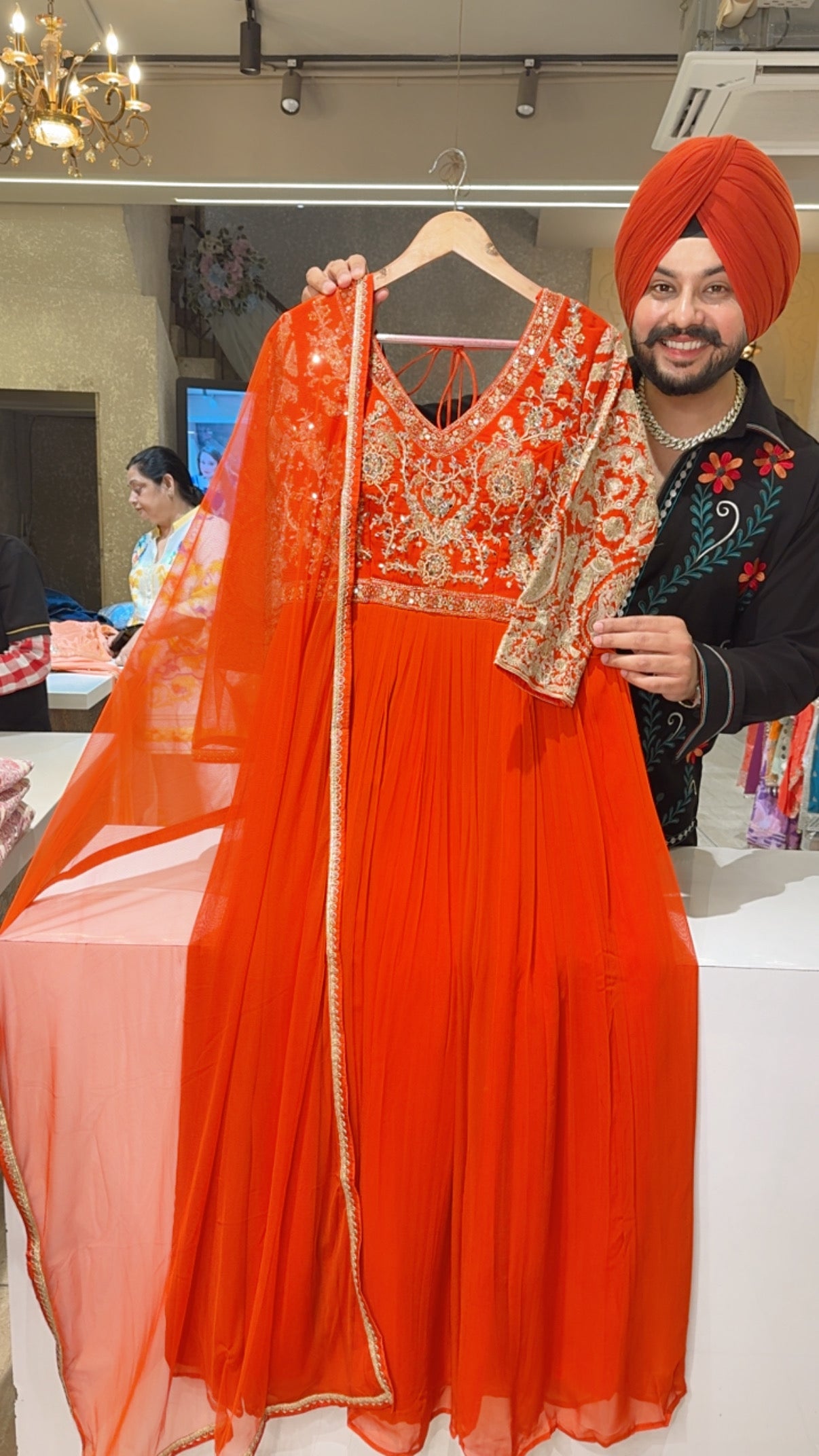 Orange Premium Georgette Heavy Hand Embroidered Semi Backless Padded Anarkali Gown With Net Duppata