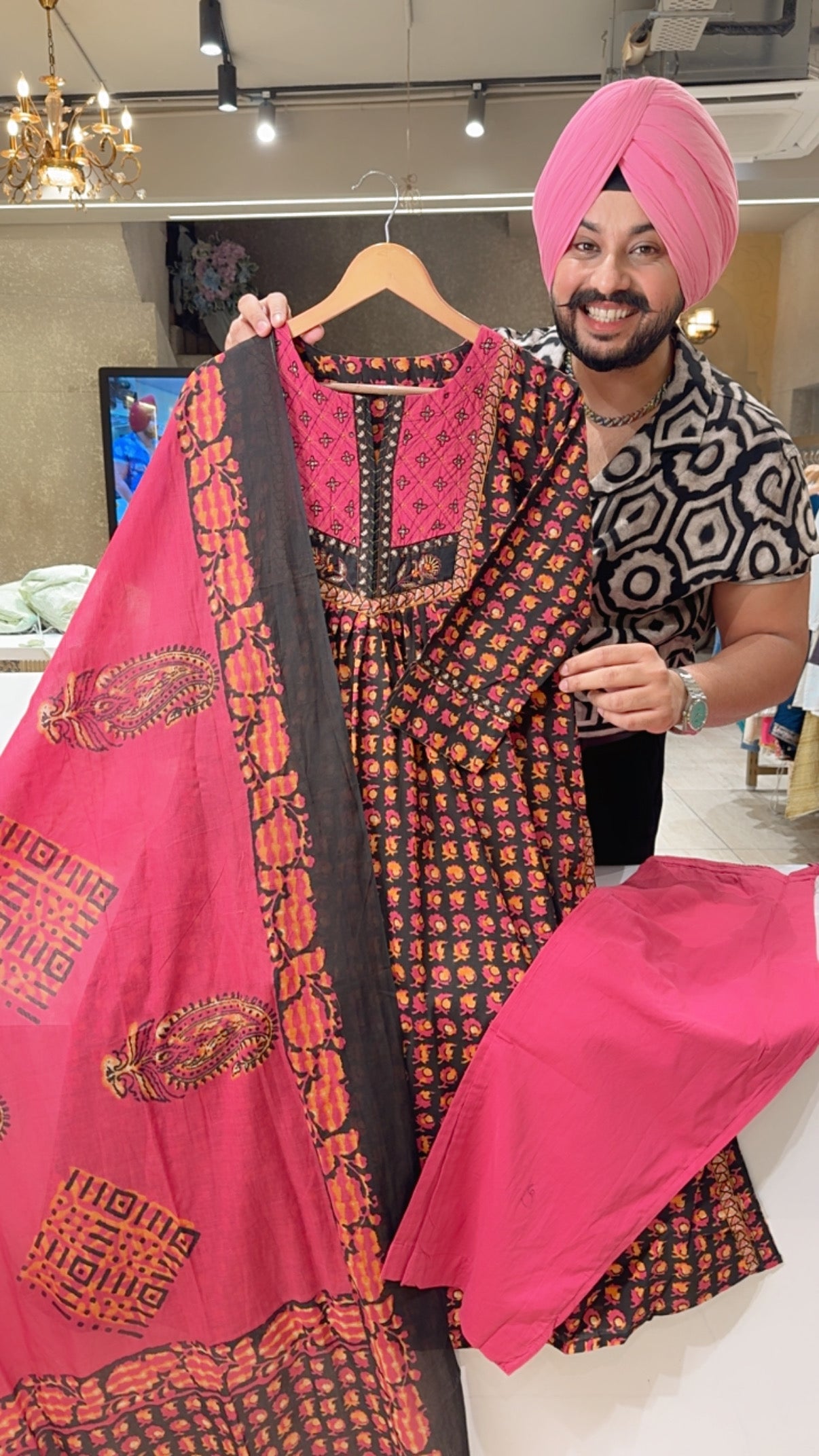 Black & Pink Pure Cotton Front Gathering Office Wear Suit with Hand embroidery work on Neck & hand painted Print on back