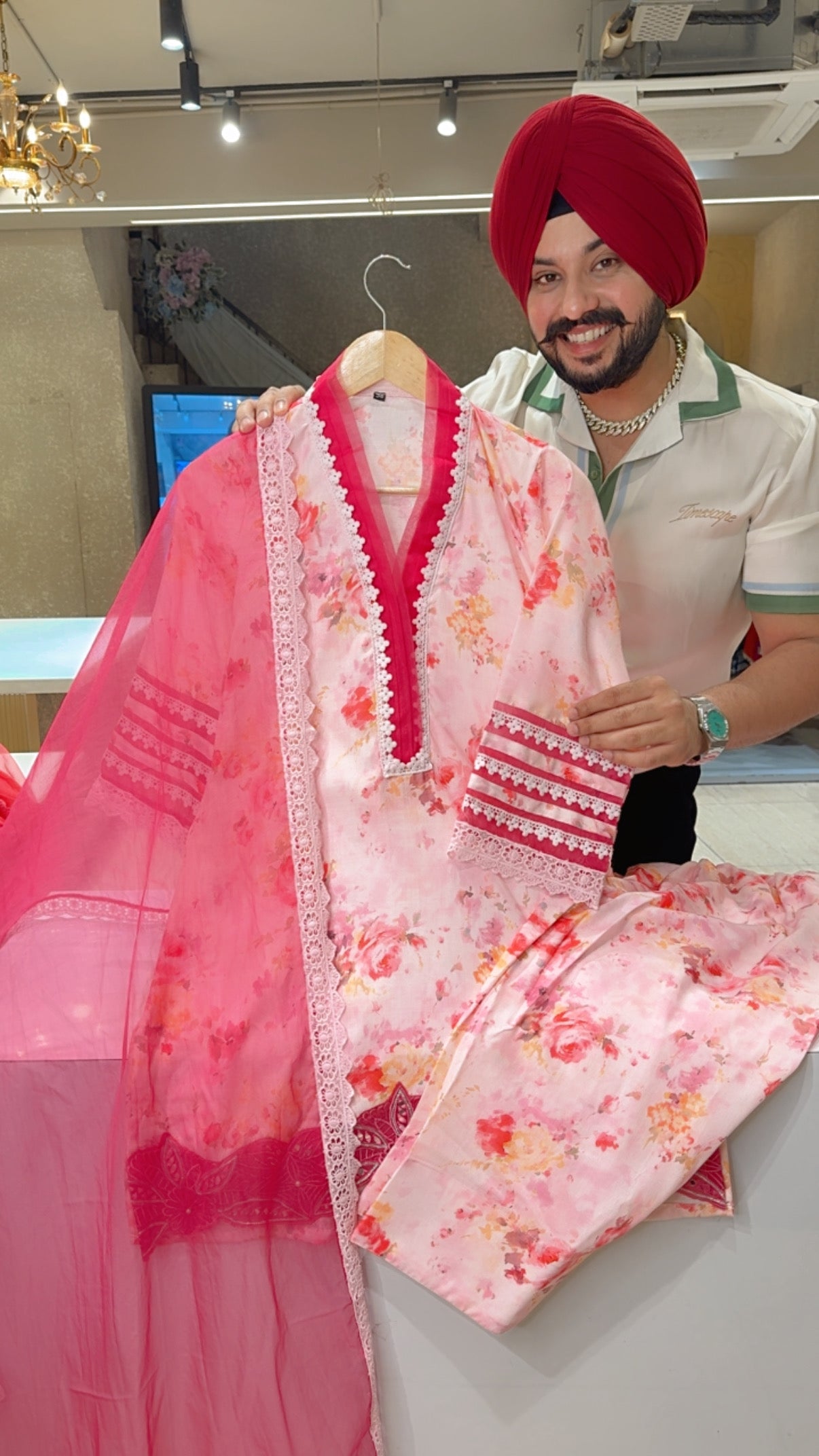 Pastel Pink Beautiful linen floral pakistani farshi salwar suit with applique work on ghera and bell designer sleeves and organza dupatta