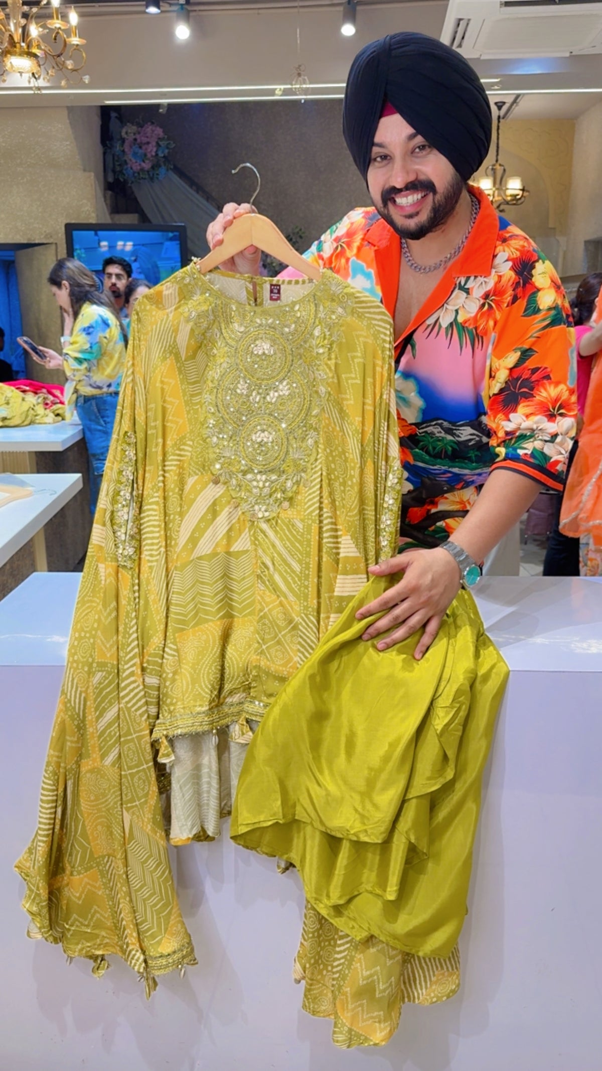 Bright Green Premium Muslin Heavy Embroidered Kaftan Coord set with Stylish Drape Skirt