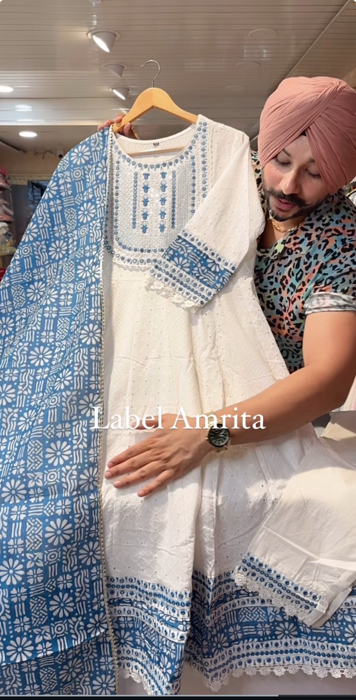 MoonWhite & denim Blue pure cotton embroidered Anarkali Suit