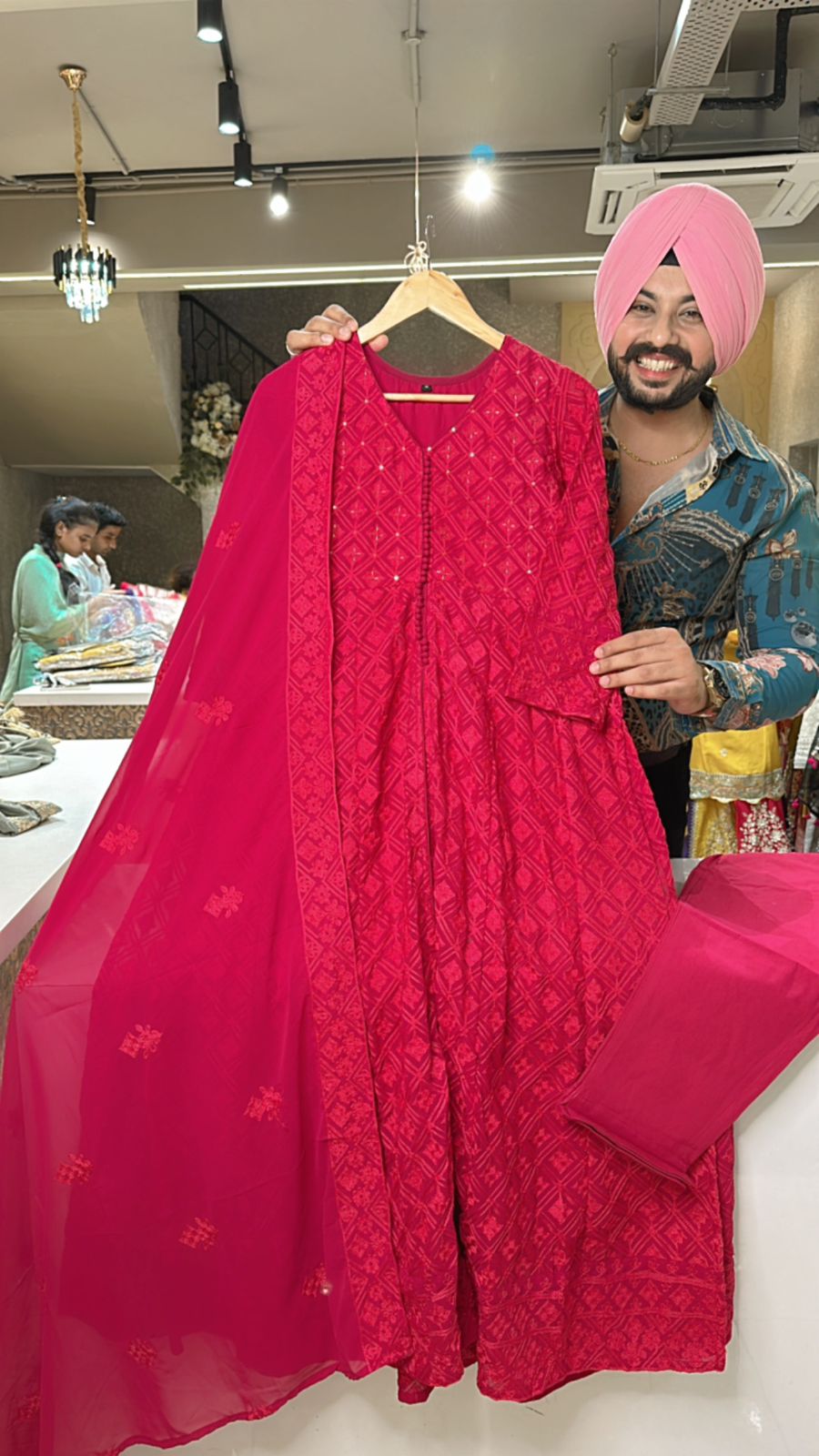 Rani pink Georgette Fully Embroidered Front & side slit
Indowestern Suit