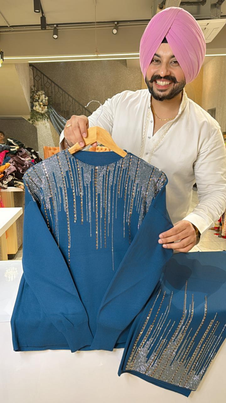 Blue Imported woolen Fully Strechable swarovski work Coord set