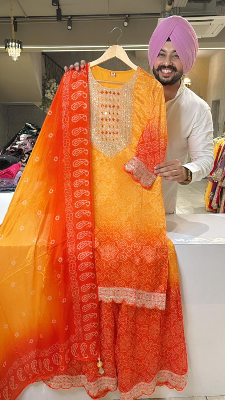 Yellow Chinon Bandhej Print embroidered Garara Suit with Beautiful Duppata
