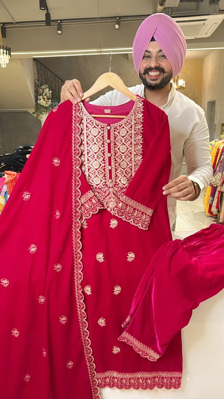 Rani pink Premium Velvet Heavy embroidered Straight Suits
