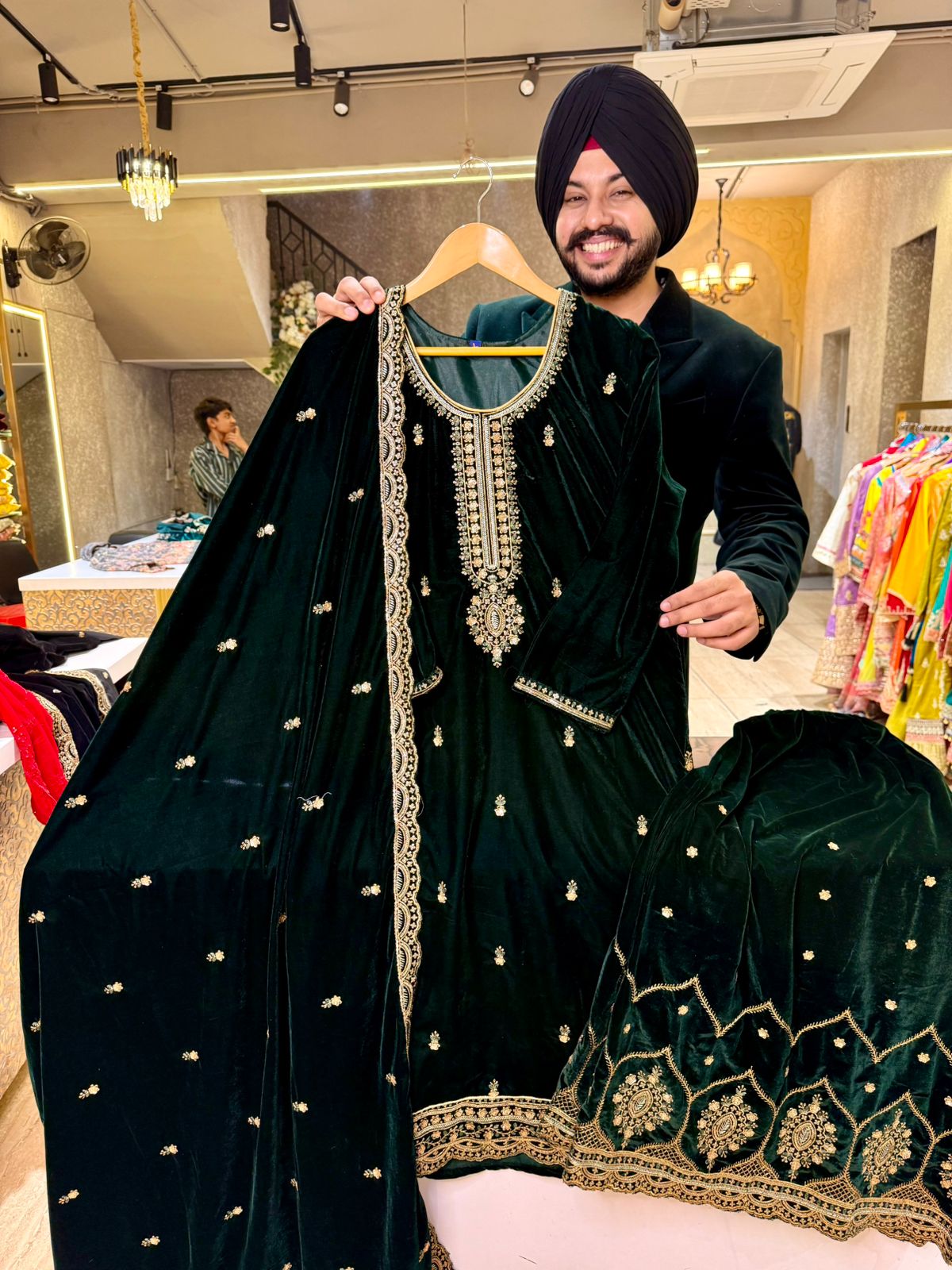 Green premium Velvet Heavy Embroidered Sharara suit with Beautiful Duppata