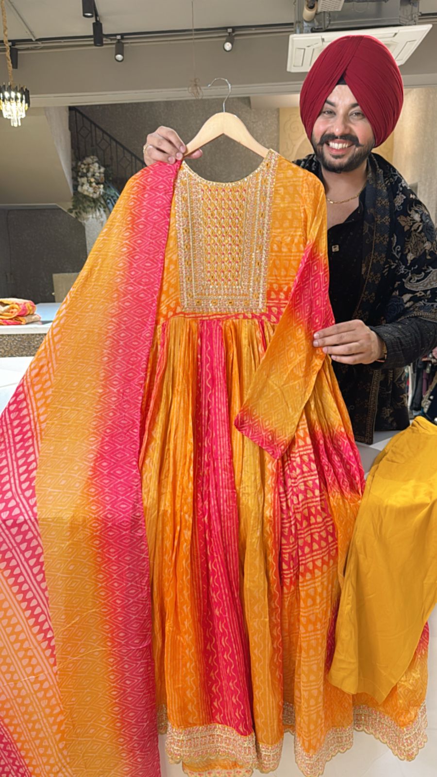 Yellowish orange & Rani Chinon Full Flair Embroidered Anarkali Suit