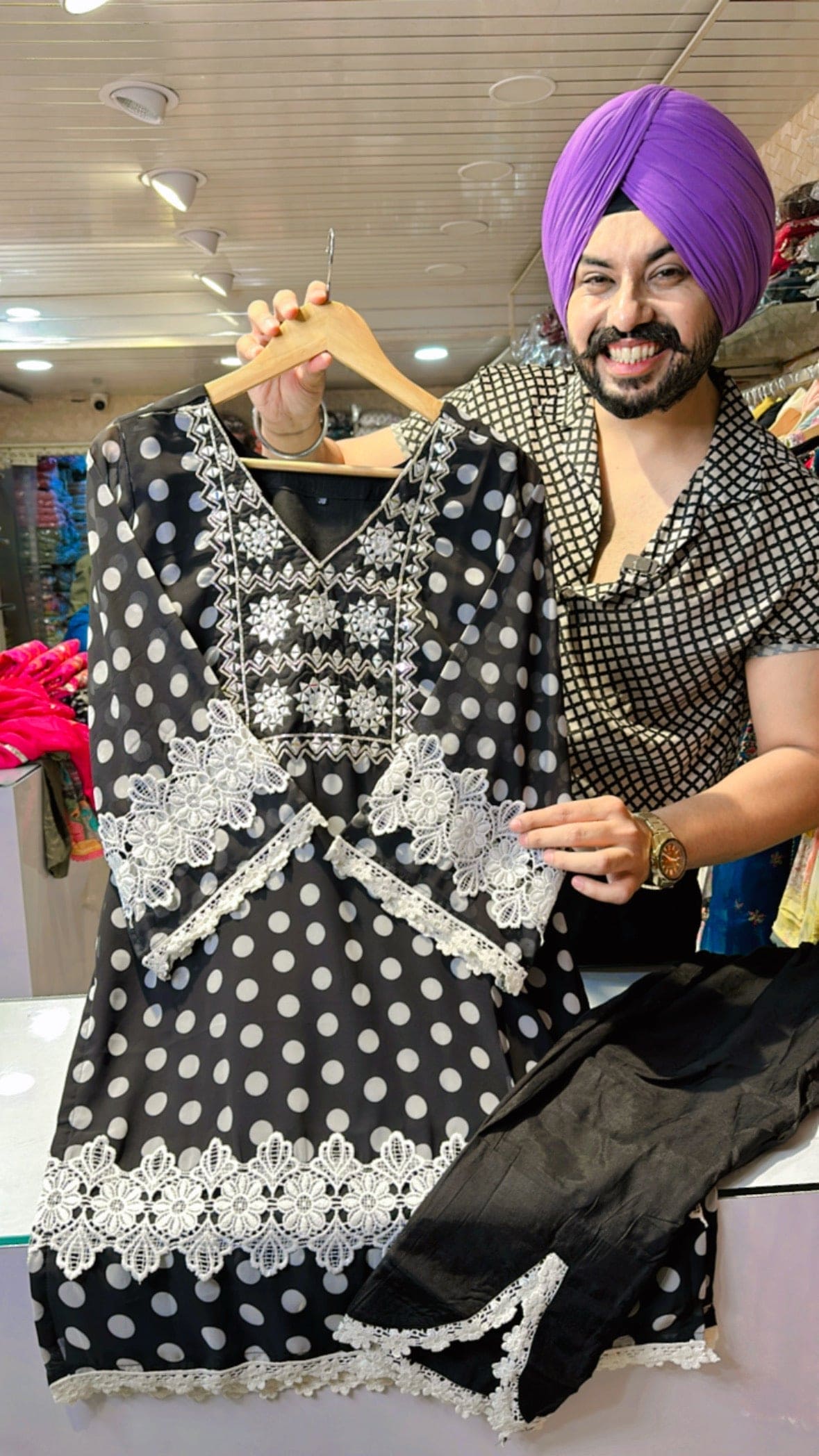 Black & white Georgette polka Dot Coord set with Mirror Handwork on neck