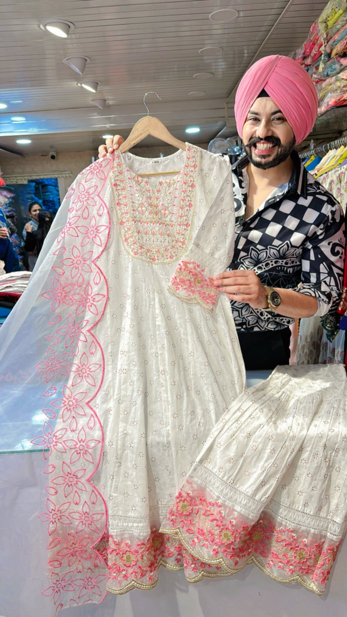 Moon white Pure Cotton Paplum Garara suit with beautiful embroidery work on neck,Garara & organza Duppata