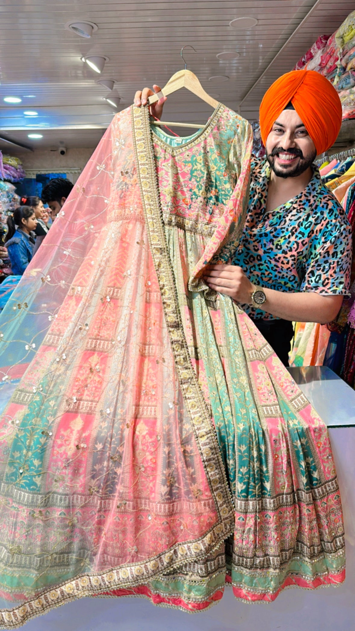 Light MultiColoured Pure Crepe Heavy Anarkali gown with Beautiful Duppata