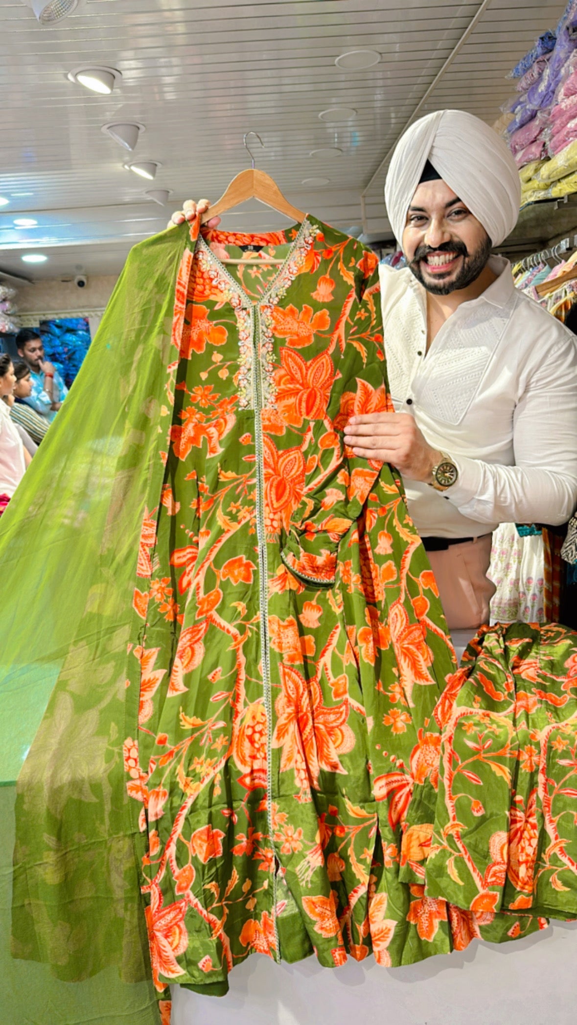 Green Pure Crepe Front slit Anarkali with Stylish Sharara
