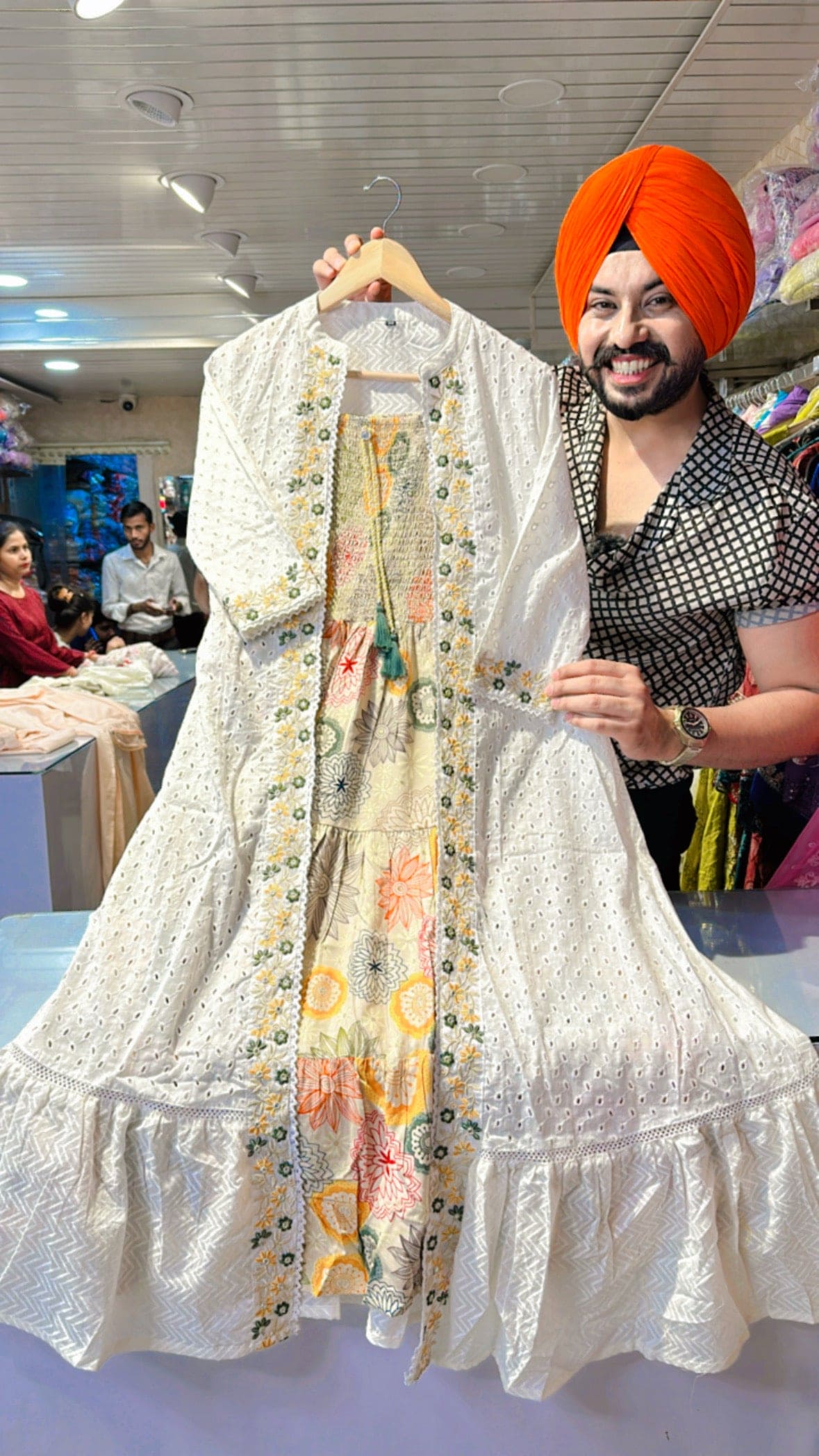 Pure Cotton printed Indowestern Dress with Beautiful Off white embroidered Shrug