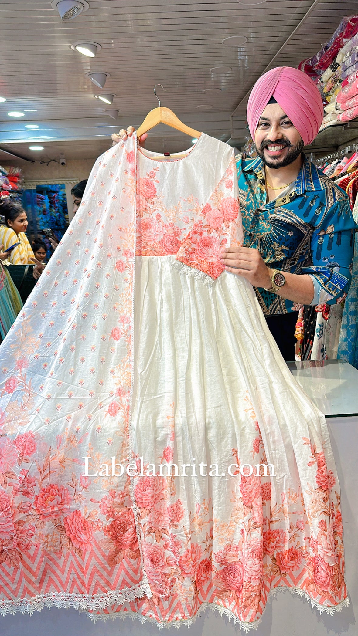 Moon white Mal Cotton Anarkali gown with Beautiful Duppata