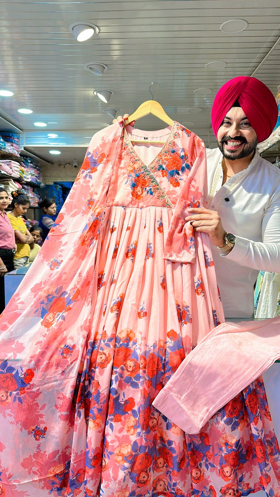 Pink chiffon Angrakha Anarkali suit with beautiful Hand work on neck & light stole